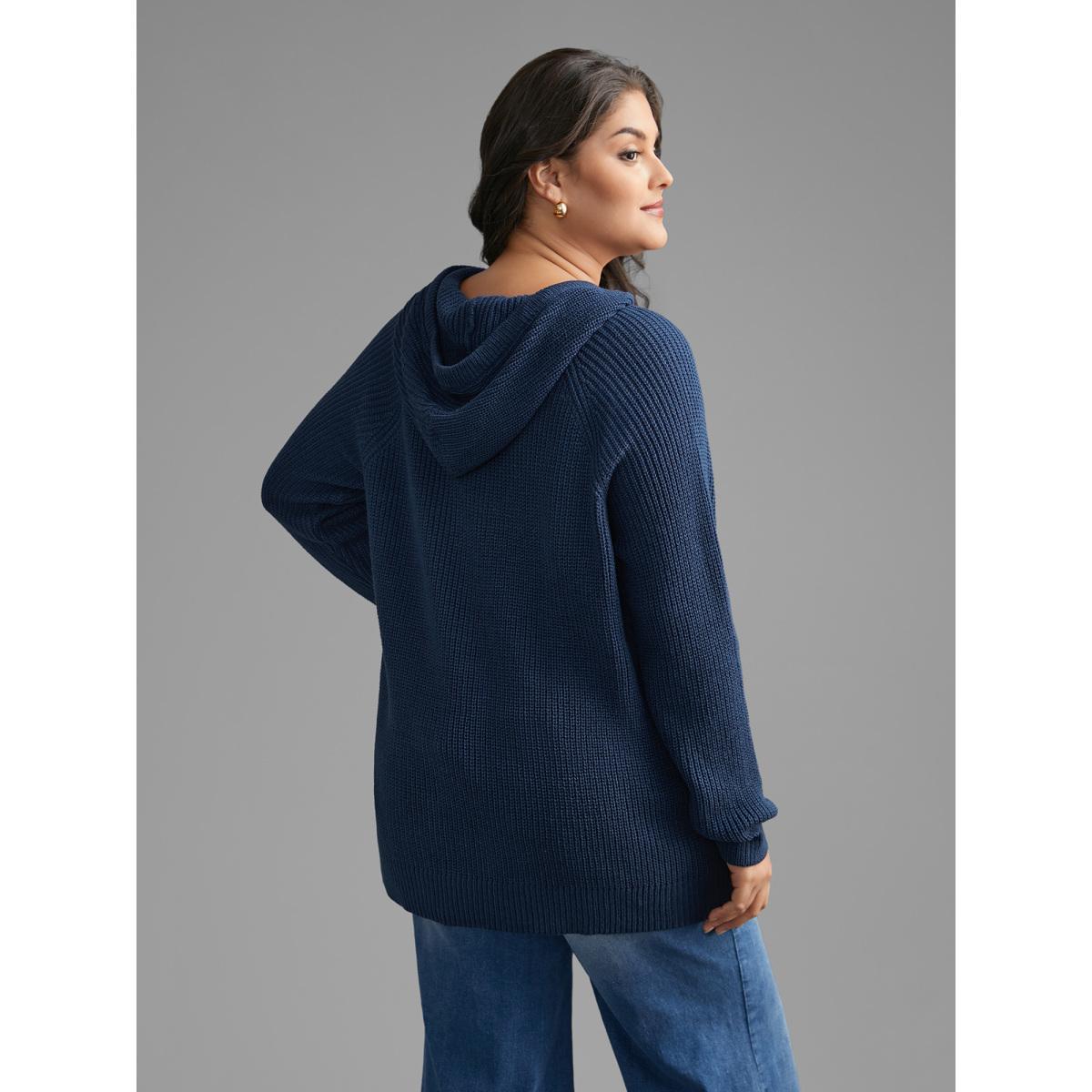 Plus Size Plain Button Up Hooded Pullover Indigo Women Casual Loose Long Sleeve Hooded Everyday Pullovers BloomChic 22-24/3X Product Image
