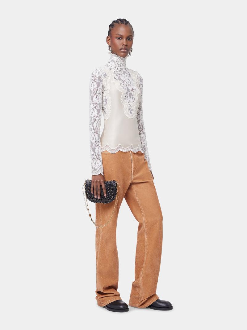 IVORY LONG SLEEVE TOP IN LACE AND JERSEY Product Image