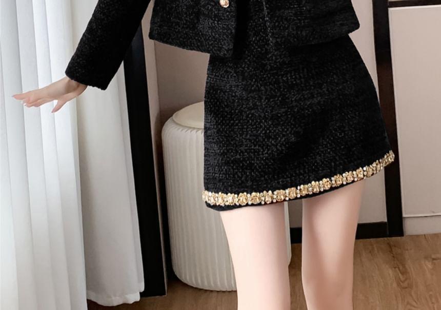 Set: Plain Contrast Trim Single-Breasted Jacket + High Rise Mini H-Line Skirt Product Image
