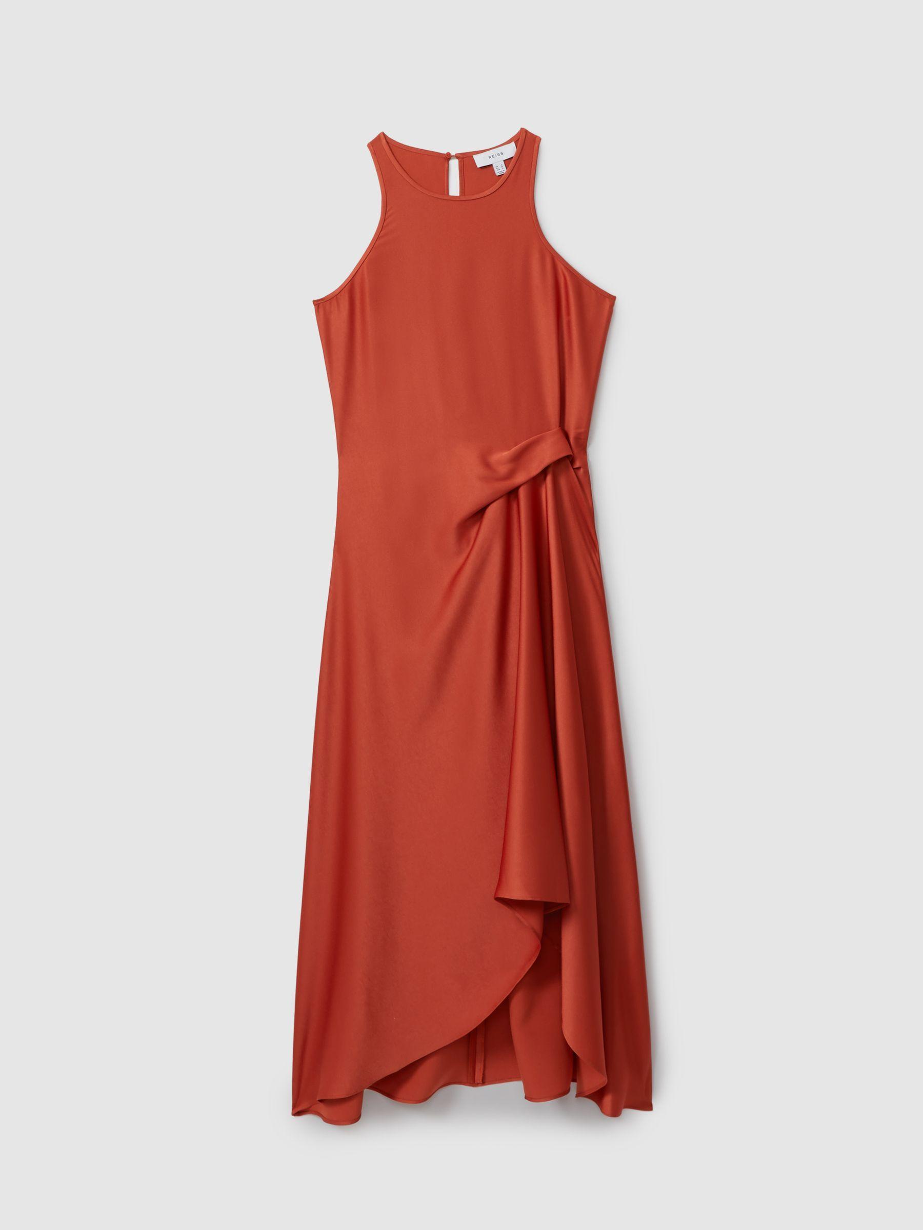 Satin Drape Tuck Midi Dress in Rust Product Image