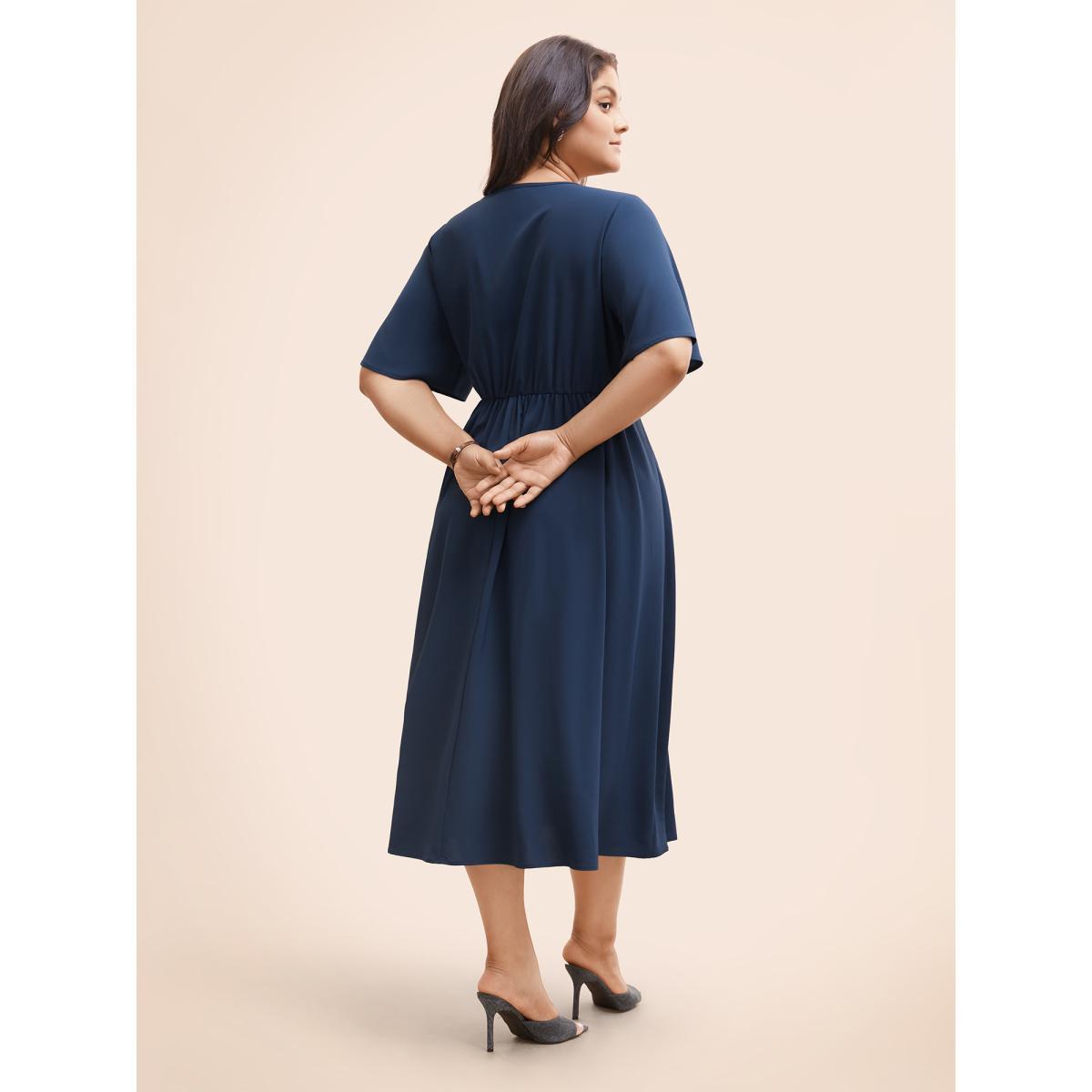 Plus Size Plain Round Neck Plicated Detail Dress Indigo Women Workwear Essentials Pleated Round Neck Half Sleeve Curvy BloomChic 22-24/3X Product Image