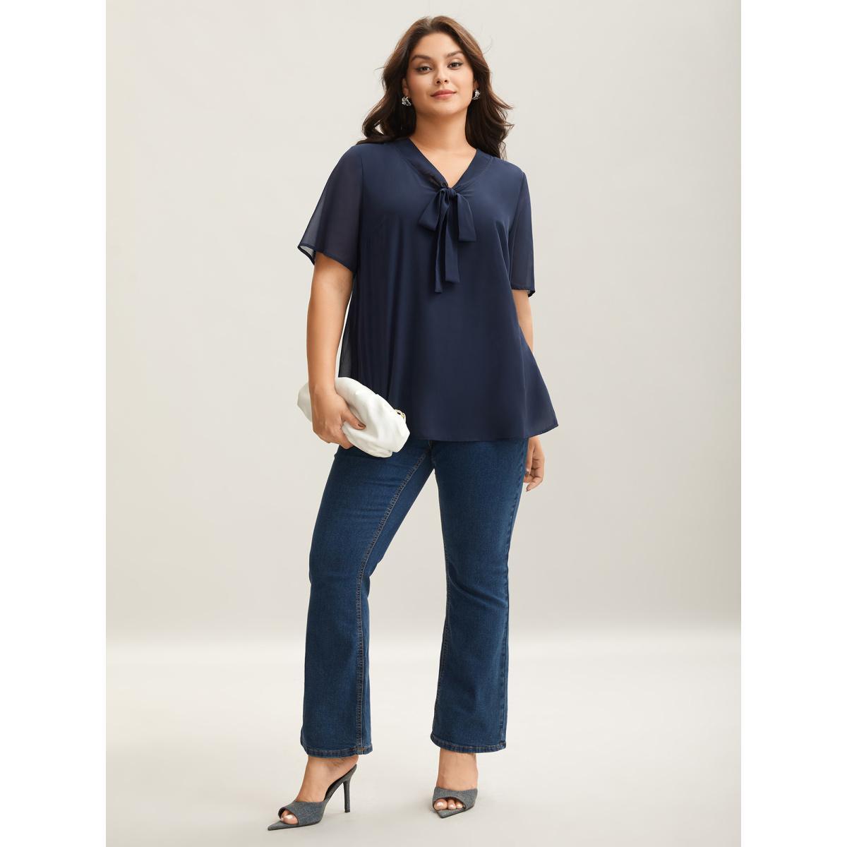 Plus Size Indigo Ribbon Collar Placket Lined Blouse Women At the Office Short sleeve Ribbon-tied collar Work Blouses BloomChic 28/5X Product Image