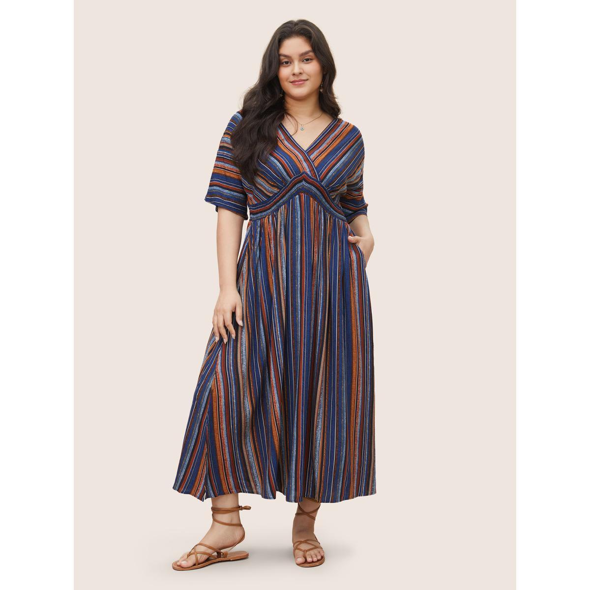 Plus Size Striped Contrast Dolman Sleeve Shirred Pocket Split Flutter Dress Blue Women Resort Non V-neck Half Sleeve Curvy BloomChic 28/5X Product Image