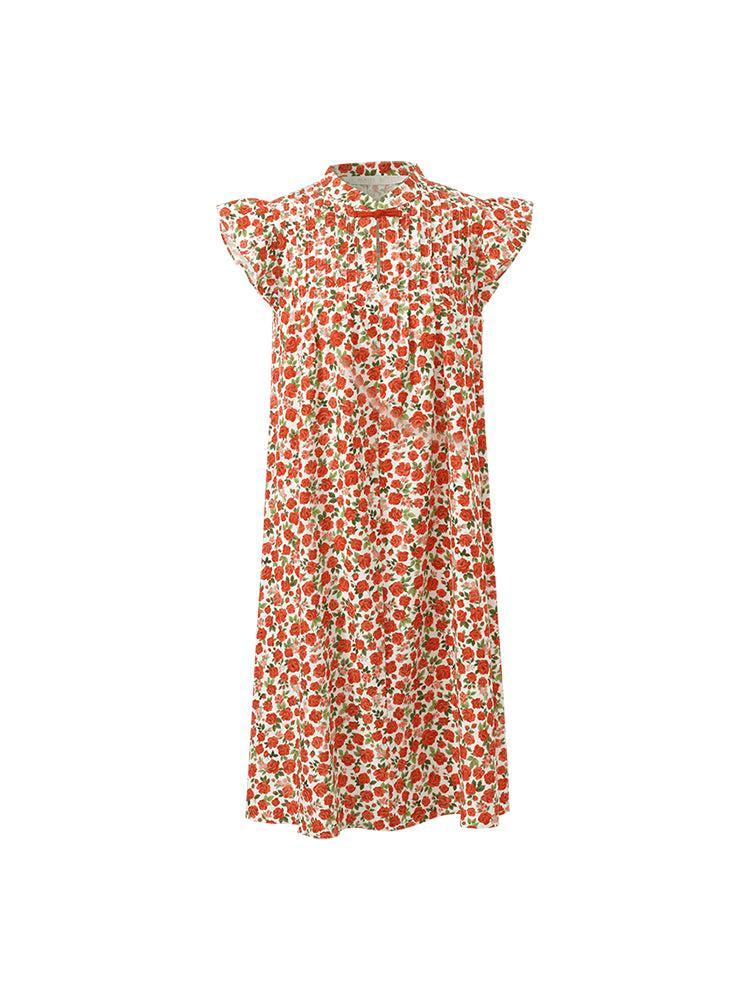 Rose Print Ruffle Sleeves Mandarin Collared Women Mini Dress Product Image