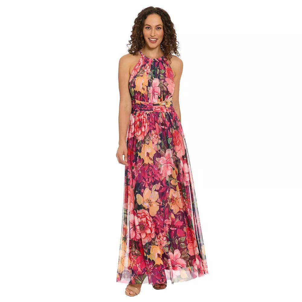Women's London Times Floral Halter Ruched Maxi Dress, Size: 14, Navy Pink Product Image