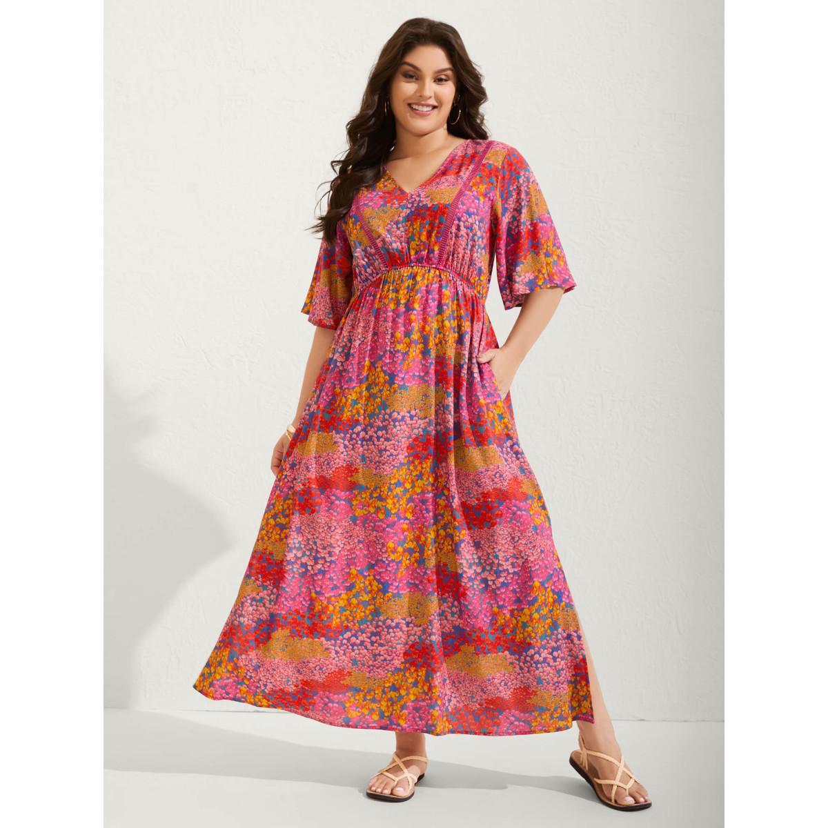 Plus Size Floral Lace Trim Flowy Sleeve Midi Dress Multicolor Women V-neck Elbow-length sleeve Curvy BloomChic 30/6X Product Image