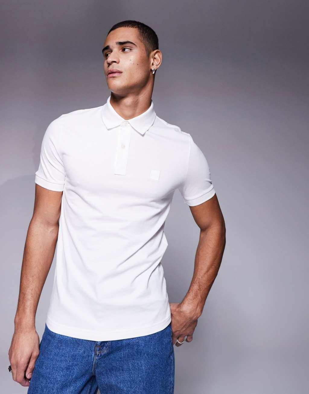 BOSS Orange Passertip logo tipped pique polo slim fit in off white Product Image