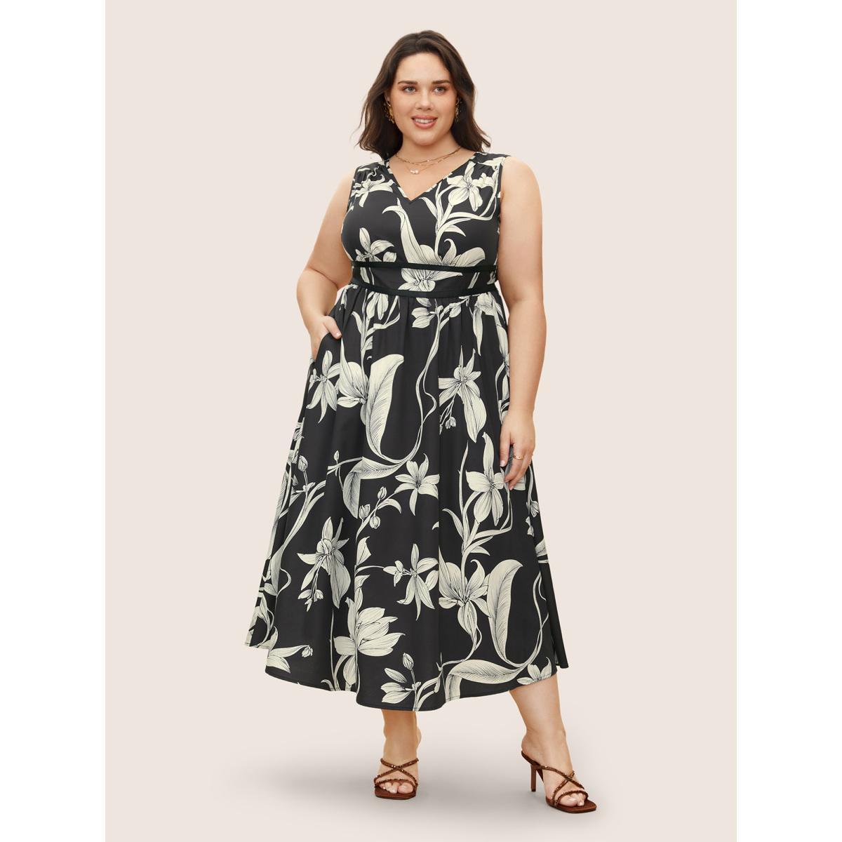Plus Size Floral Print Gathered Pocket Tank Dress Black Women Casual Pleated V-neck Sleeveless Curvy BloomChic 28/5X Product Image