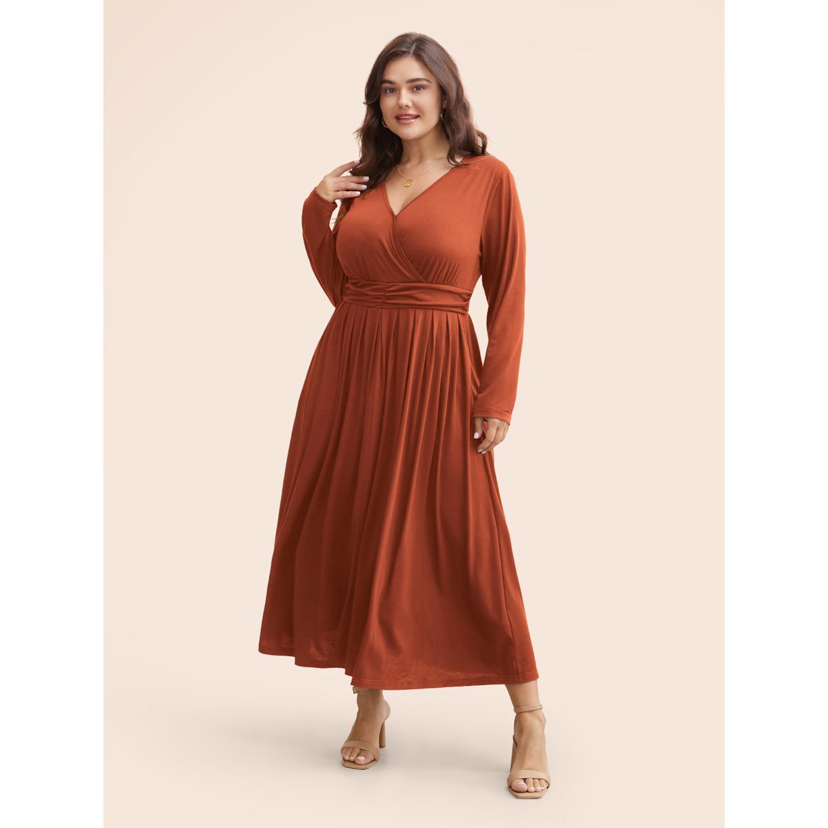 Plus Size Supersoft Essentials Ruched Wrap Pleated Hem Dress Chocolate Women Casual Non Overlap Collar Long Sleeve Curvy Midi Dress BloomChic 28/5X Product Image