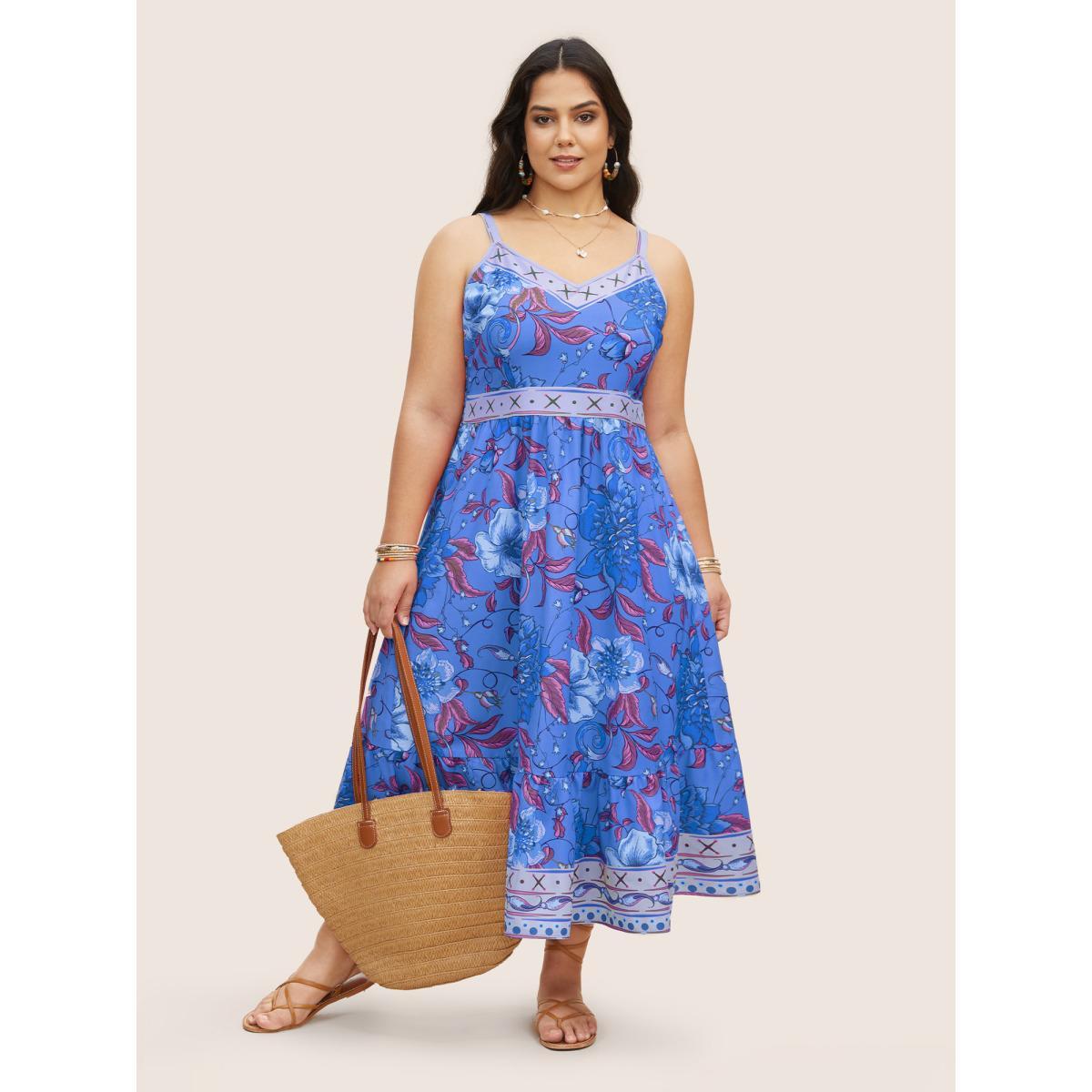 Plus Size Floral Print Elastic Waist Shirred Cami Dress Skyblue Women Resort Non V-neck Sleeveless Curvy BloomChic 12/L Product Image