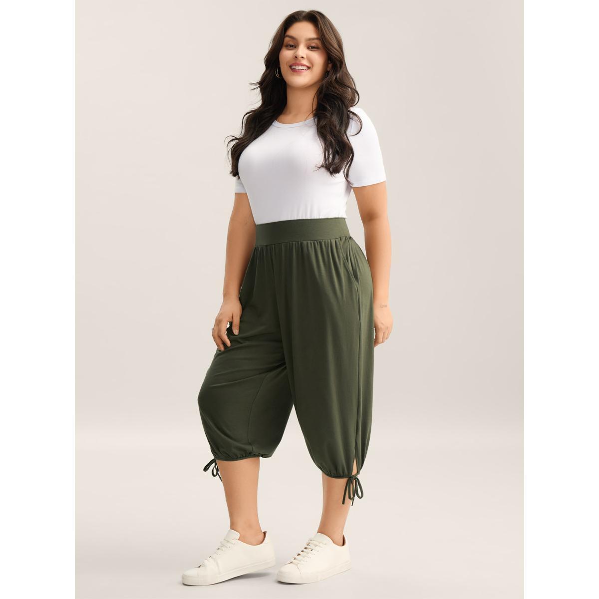 Plus Size Keyhole Hem Ties Jogger Pants Women ArmyGreen Casual Mid Rise Everyday-Casual Pants BloomChic 22-24/3X Product Image