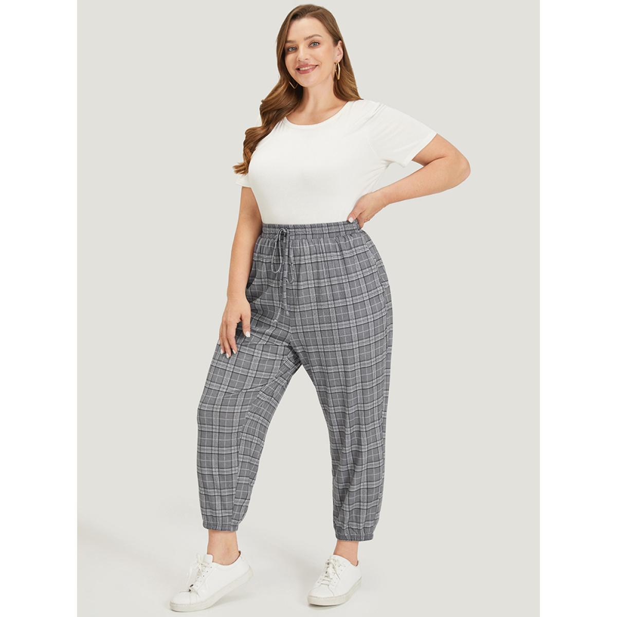 Plaid Drawstring Pocket High Rise Sweatpants SlateGray Plus Size Women Casual Dailywear Cross straps 28/5X Bloomchic Product Image
