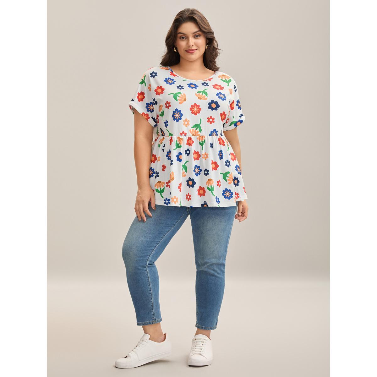 Plus Size Multi-Color Floral Print Babydoll Top Multicolor Women Gathered Natural Flowers Round Neck Everyday-Casual T-shirts BloomChic 18-20/2X Product Image
