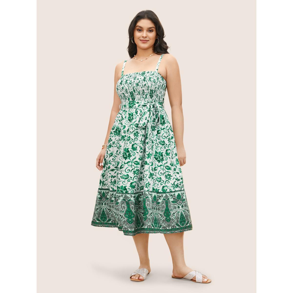Plus Size Bandana Print Shirred Patchwork Pocket Cami Dress Green Women Resort Belted Non Sleeveless Curvy Midi Dress BloomChic 14-16/1X Product Image