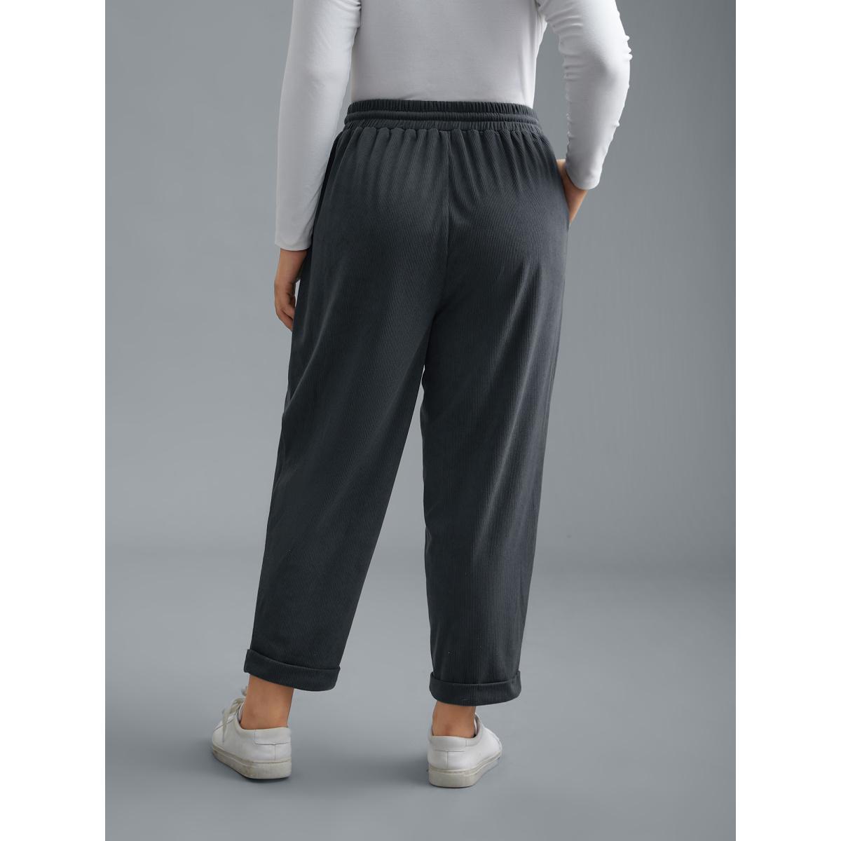 Plus Size Plain Drawstring Slant Pocket Roll Hem Pants Women SlateGray Casual Loose Mid Rise Everyday Pants BloomChic 12/L Product Image