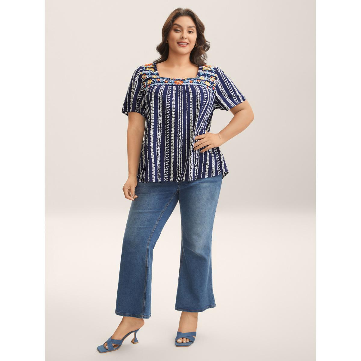 Plus Size DarkBlue Embroidered Striped Print Square Neck Blouse Women Short sleeve Square Neck Everyday-Elegant Blouses BloomChic 14-16/1X Product Image