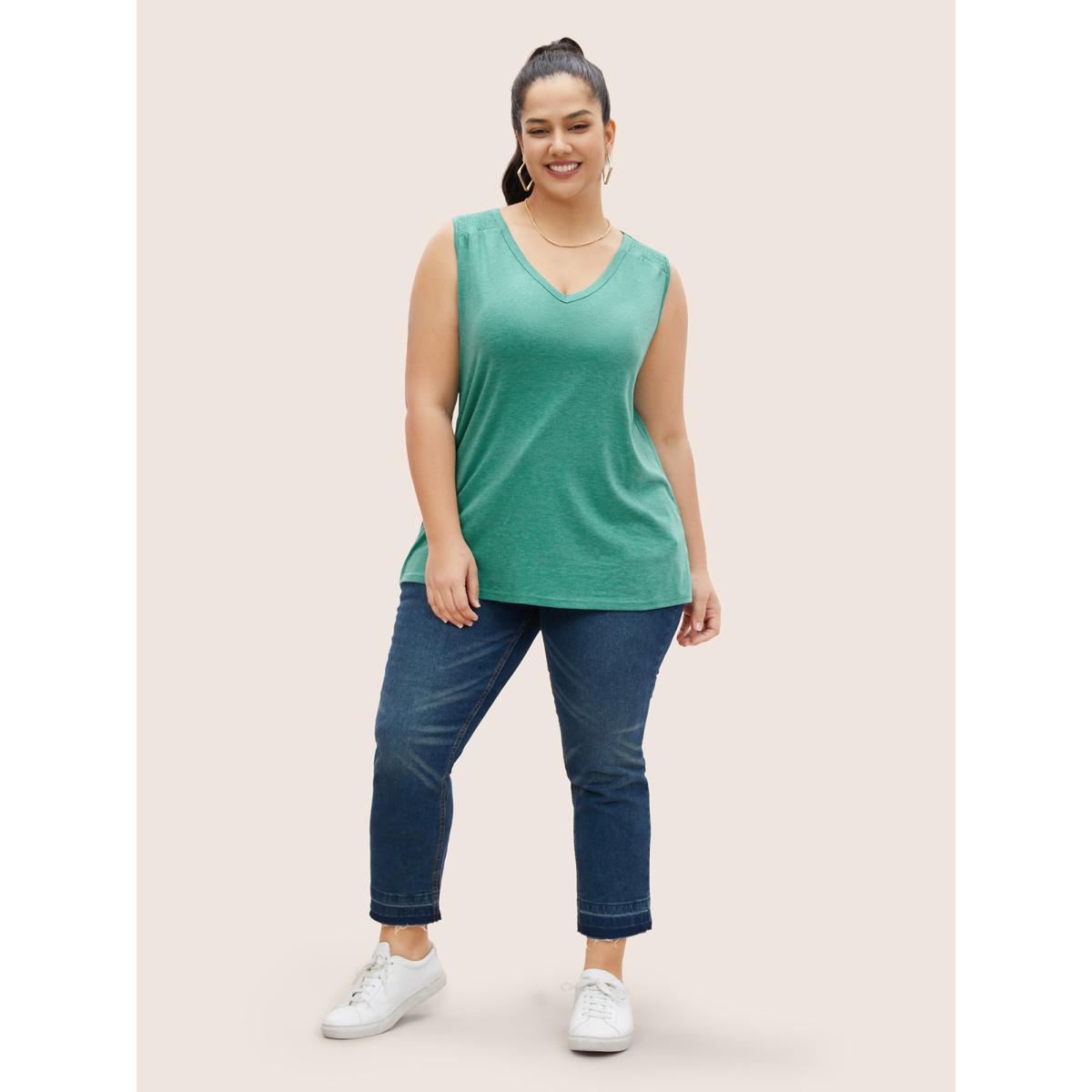 Plus Size Solid V Neck Shirred Tank Top Women Emerald Casual Shirred V-neck Everyday Tank Tops Camis BloomChic 14-16/1X Product Image