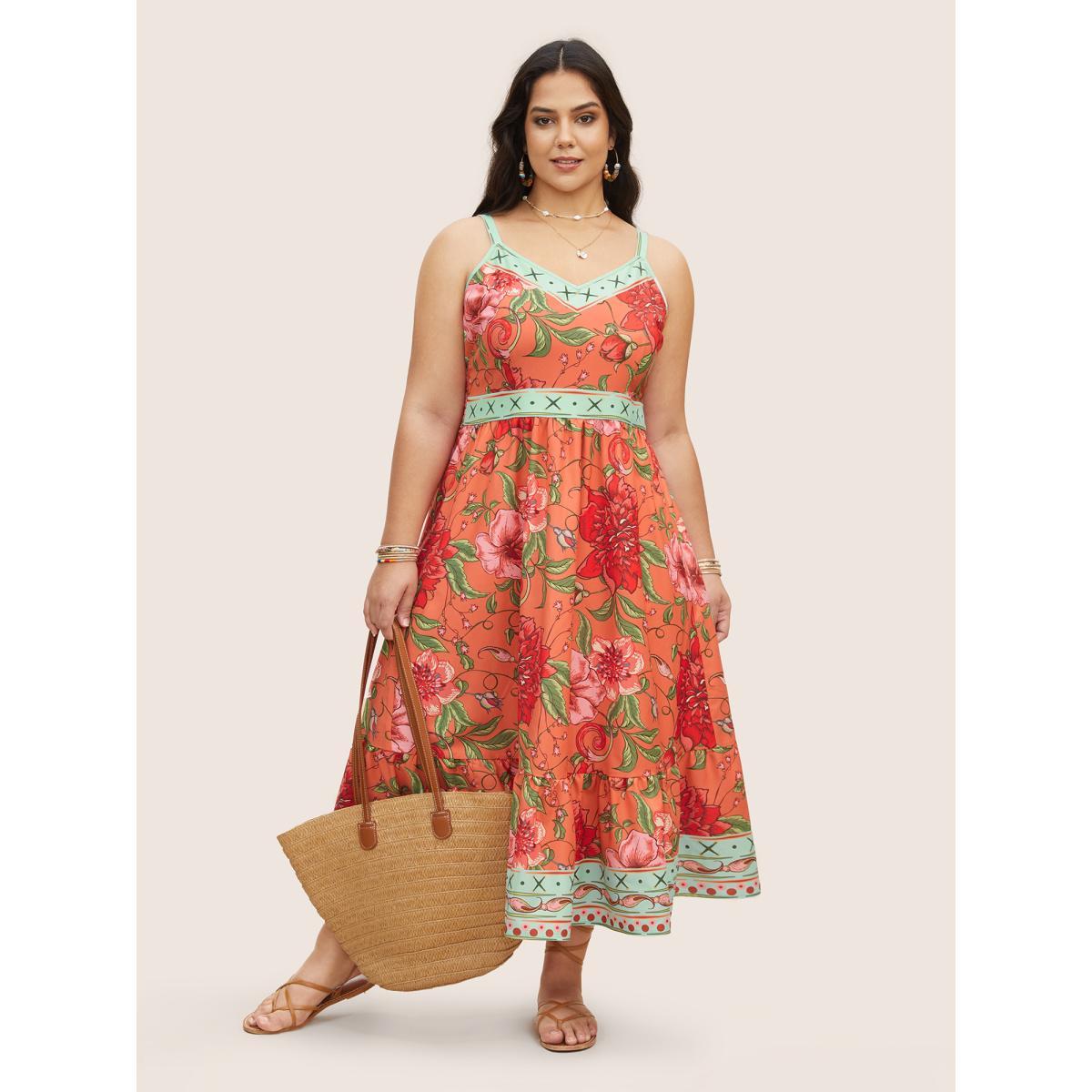 Plus Size Floral Print Elastic Waist Shirred Cami Dress Salmon Women Resort Non V-neck Sleeveless Curvy BloomChic 26/4X Product Image