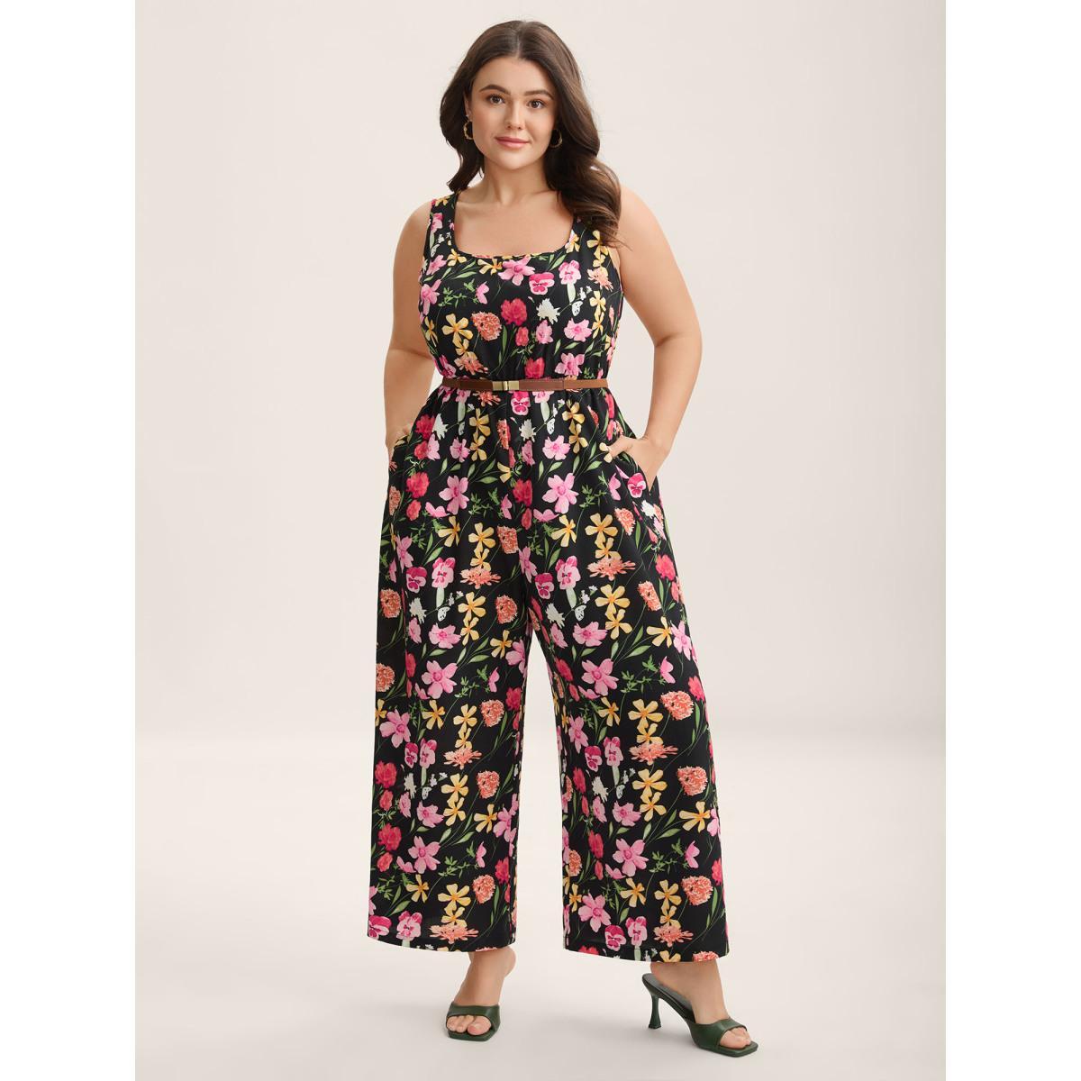 Plus Size Black Floral Print Pockets Straight-Leg Jumpsuit Women Sleeveless Square Neck Everyday-Elegant Loose Jumpsuits BloomChic 12/L Product Image