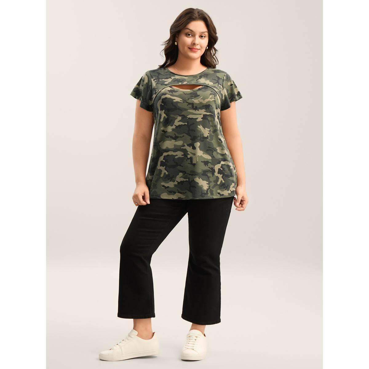 Plus Size Camouflage Print Round Neck T-Shirt Sage Women Cut-Out Round Neck Everyday-Casual T-shirts BloomChic 18-20/2X Product Image
