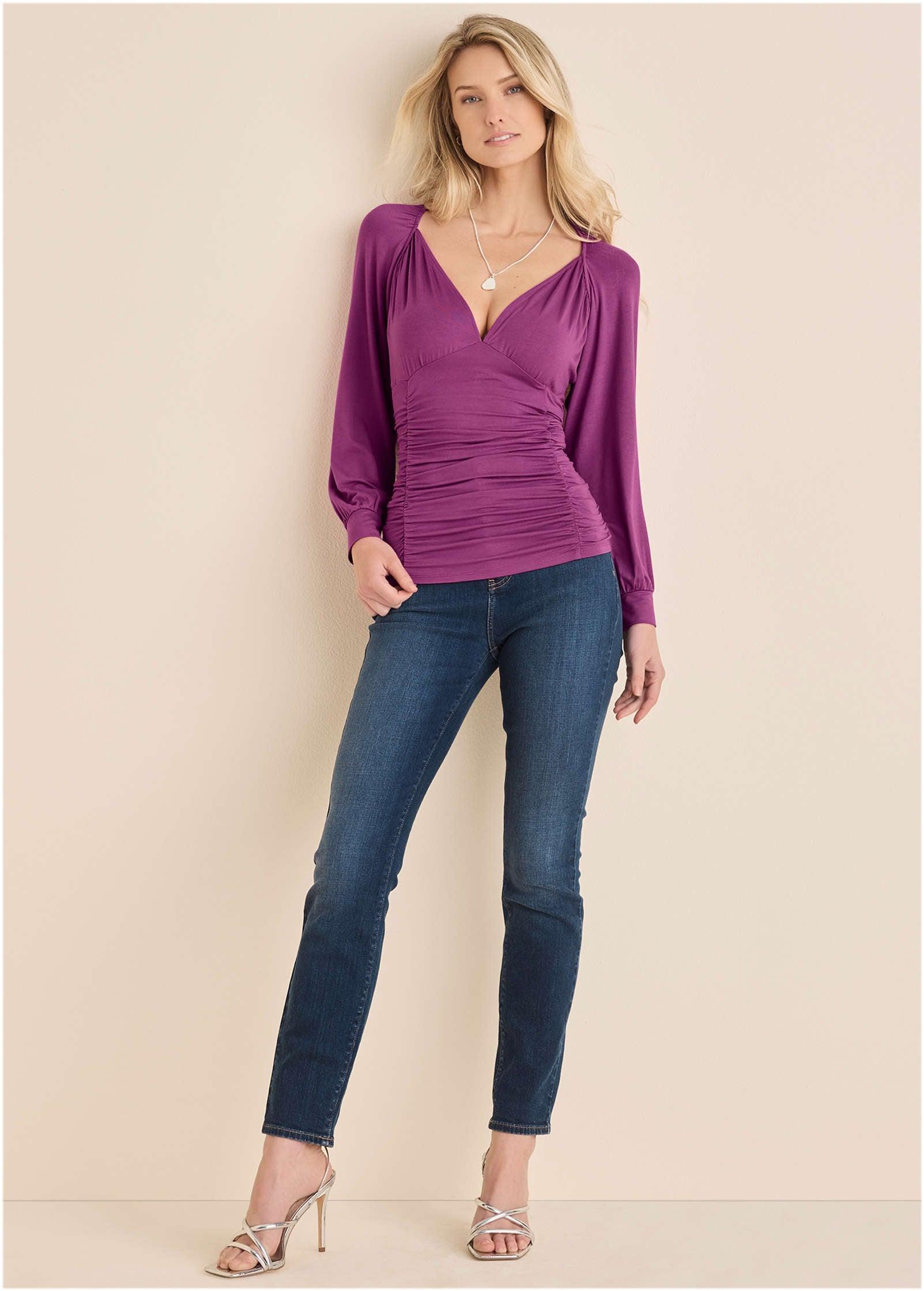 Ruched V-Neck Top - Cattleya Orchid Product Image