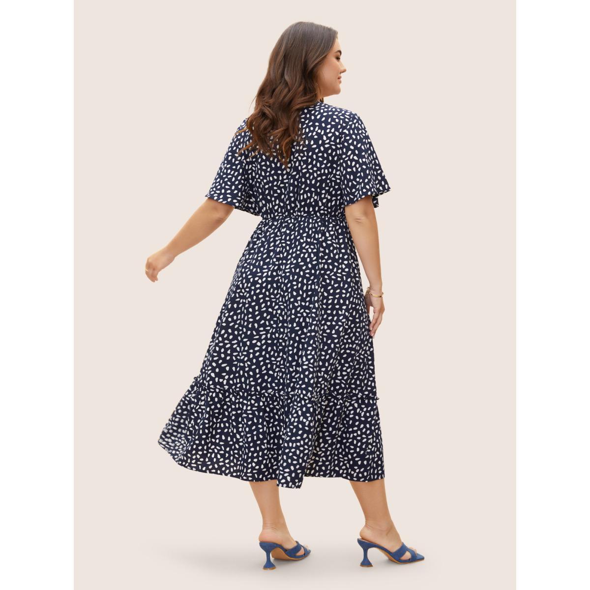 Plus Size Polka Dot Button Detail Ruffle Sleeve Pleated Dress DarkBlue Women Elegant Button V-neck Short sleeve Curvy BloomChic 12/L Product Image