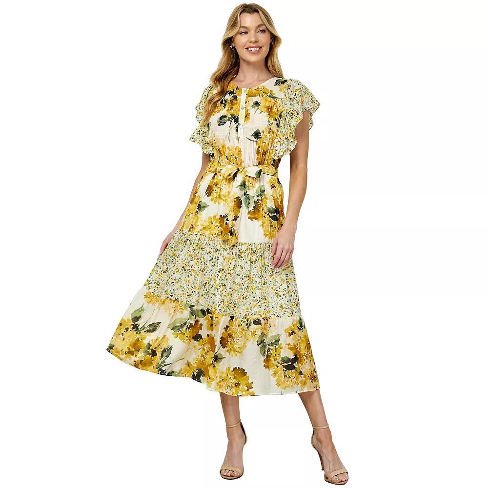 Women's Figueroa & Flower Ruffle Sleeve Midi Dress, Size: Medium, Ivory Gold Product Image