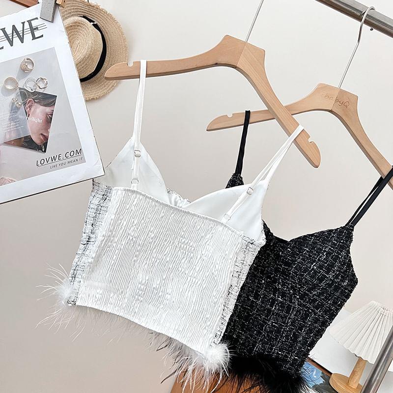 V-Neck Plaid Fluffy Trim Cropped Cami Top Product Image