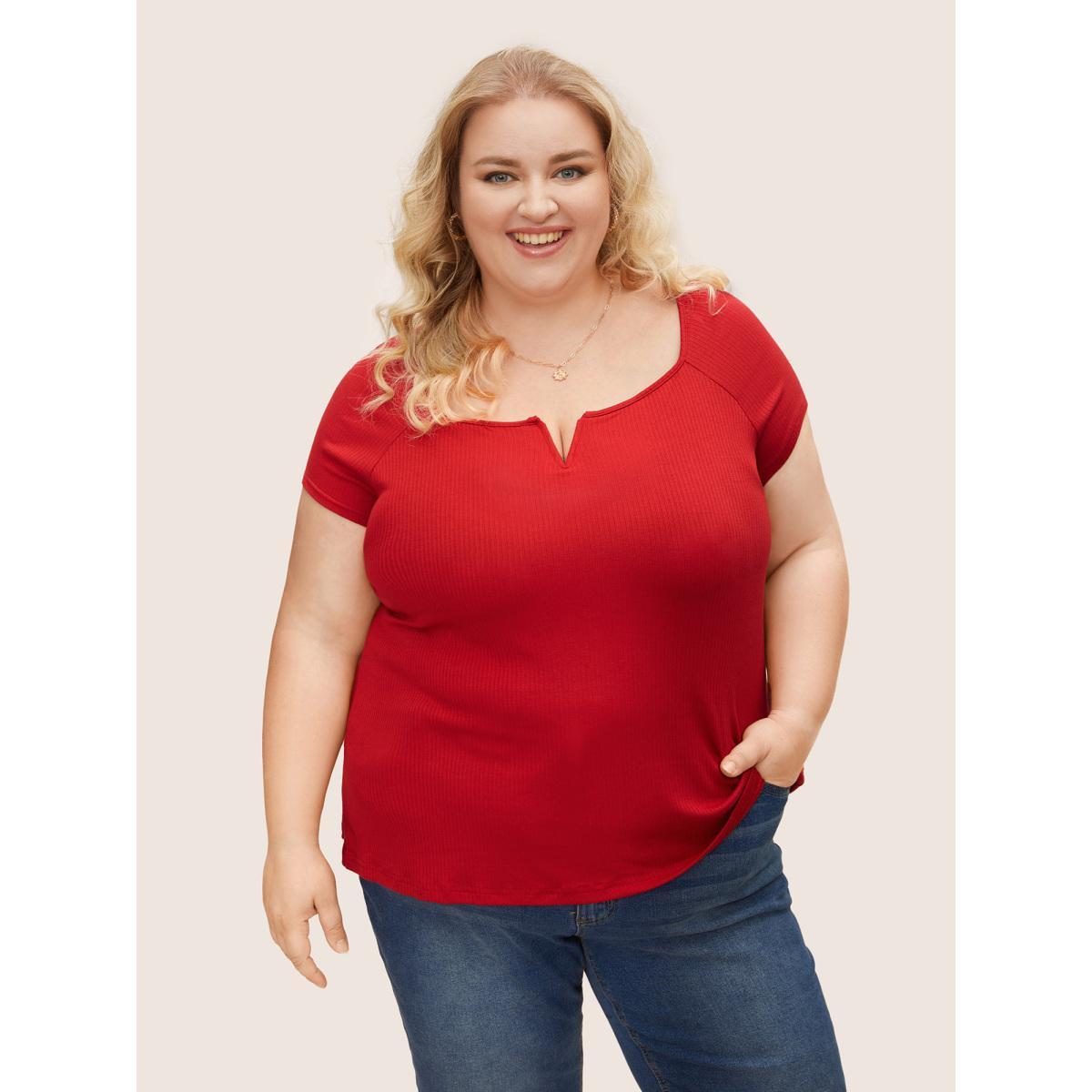Plus Size Solid Notched Collar Pit Strip T-shirt Brightred Women Elegant Non Notched collar Bodycon Everyday T-shirts BloomChic 14-16/1X Product Image