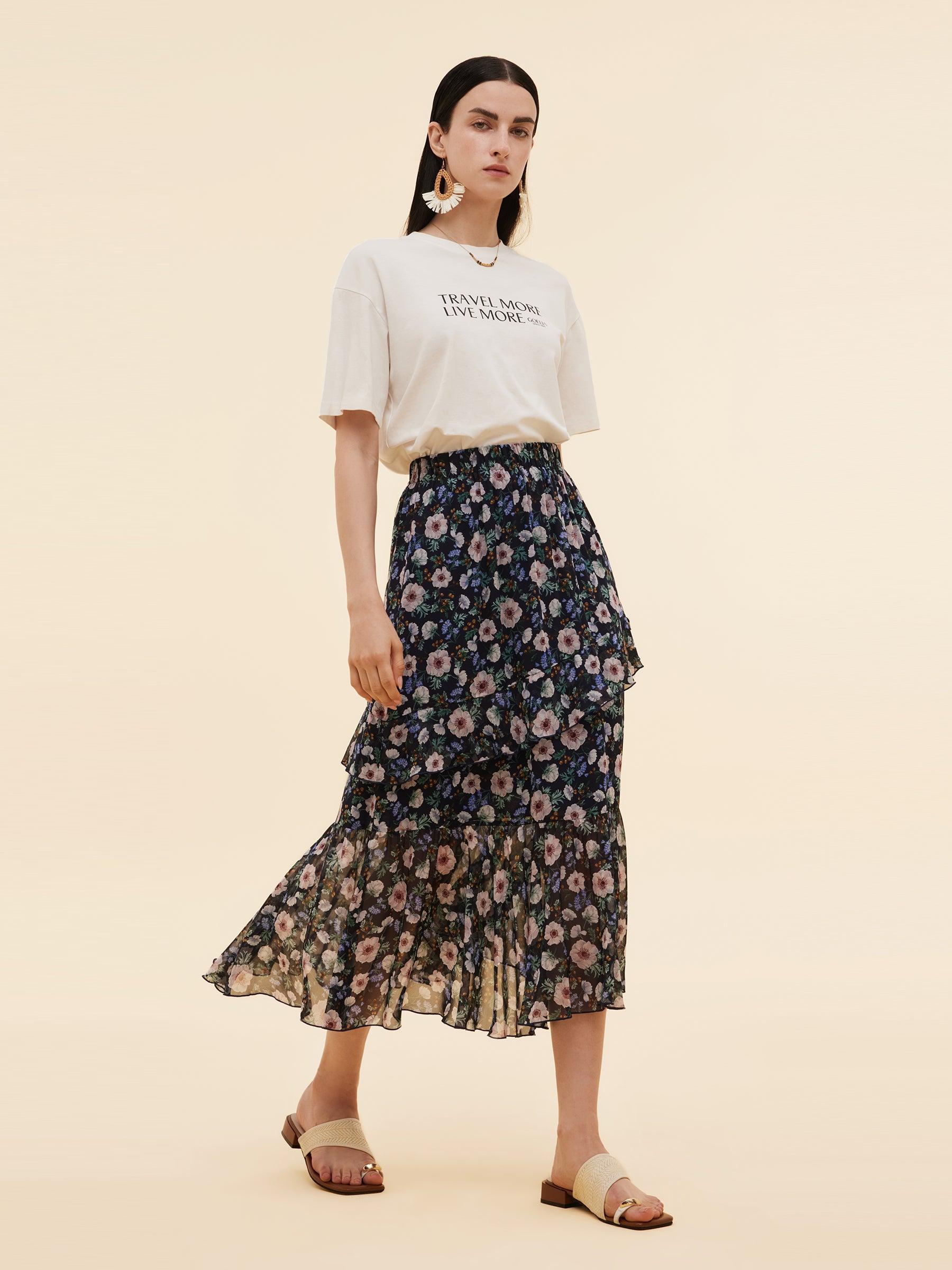 10MM Mulberry Silk Floral Print Women Tiered Skirt Product Image