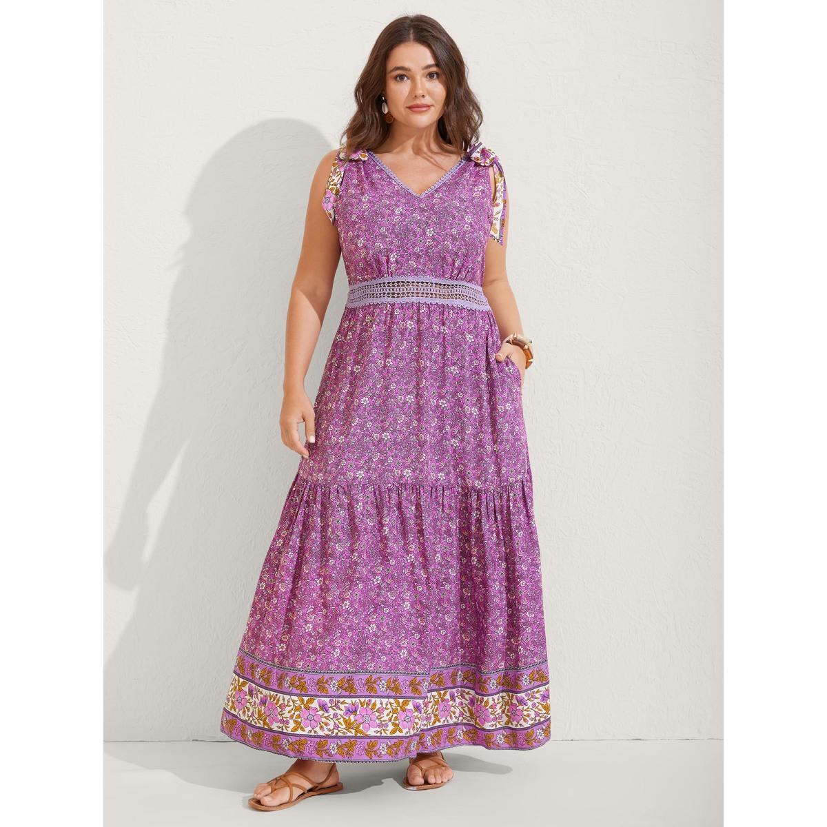 Plus Size Ribbon Shoulder Tie Tiered Maxi Dress DarkViolet Women V-neck Sleeveless Curvy BloomChic 30/6X Product Image