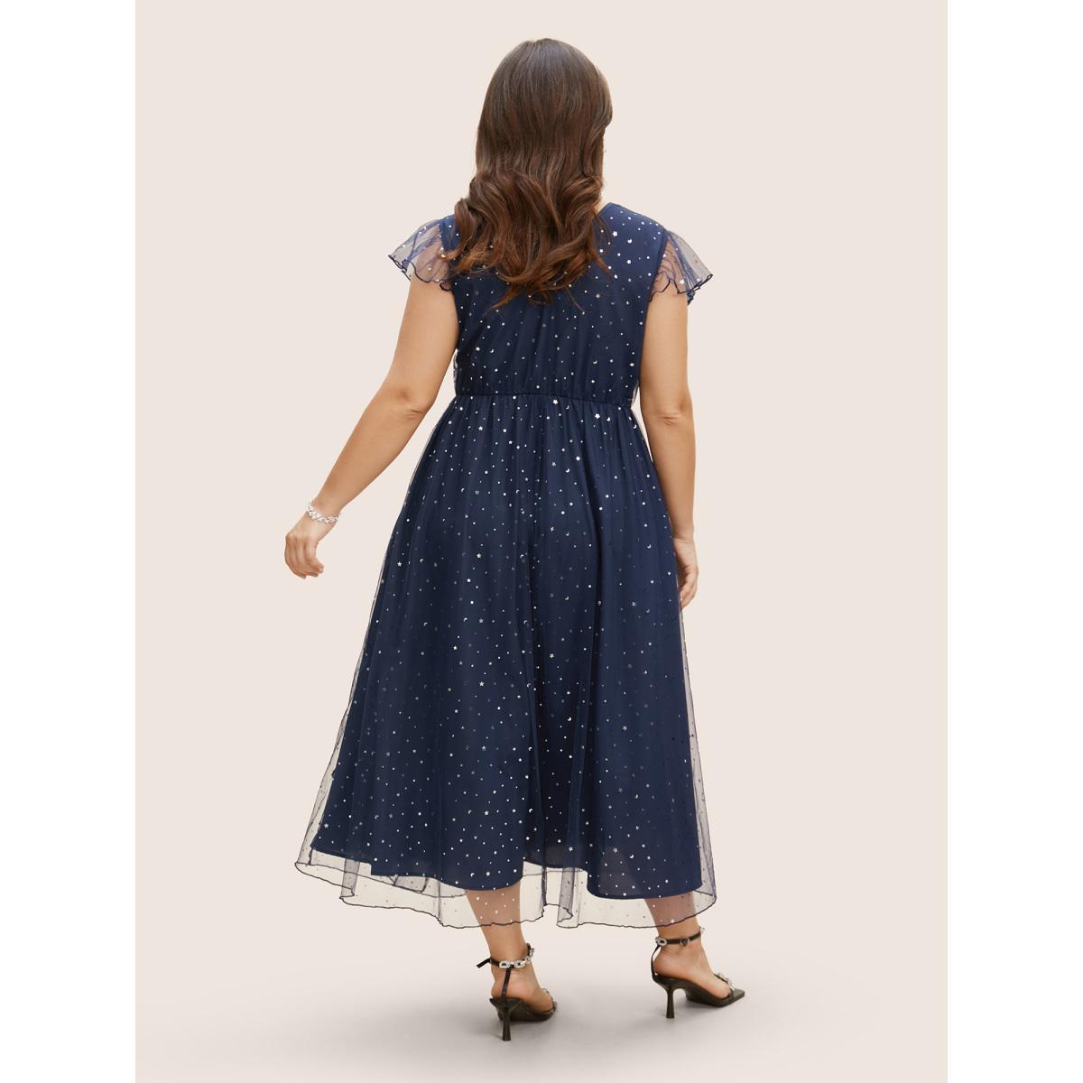 Plus Size Sequin Mesh V Neck Ruffle Cap Sleeve Dress Indigo Women Formal Texture V-neck Cap Sleeve Curvy BloomChic 18-20/2X Product Image