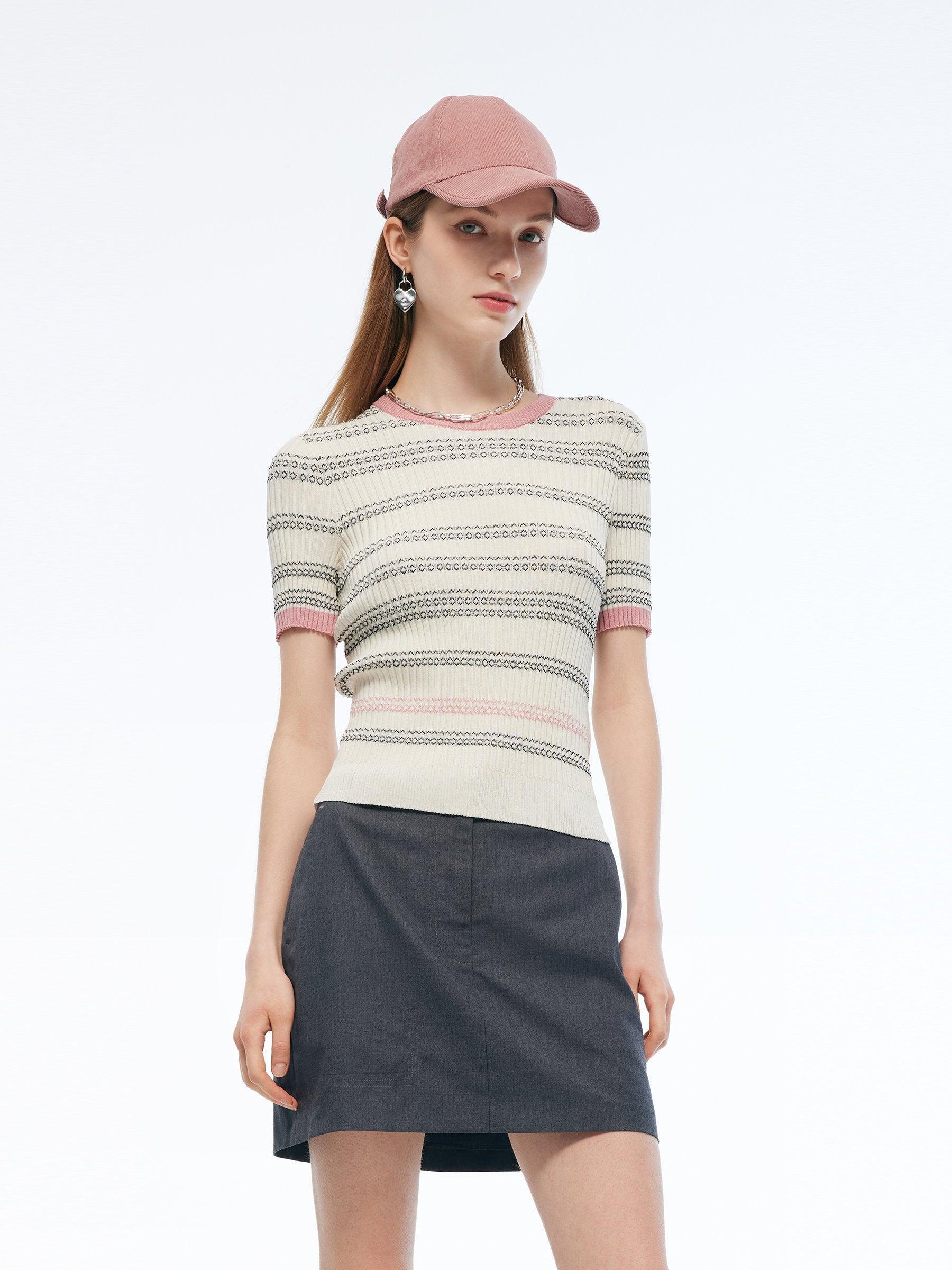 Tencel Blend Color Block Stripe Women Knit Top Product Image