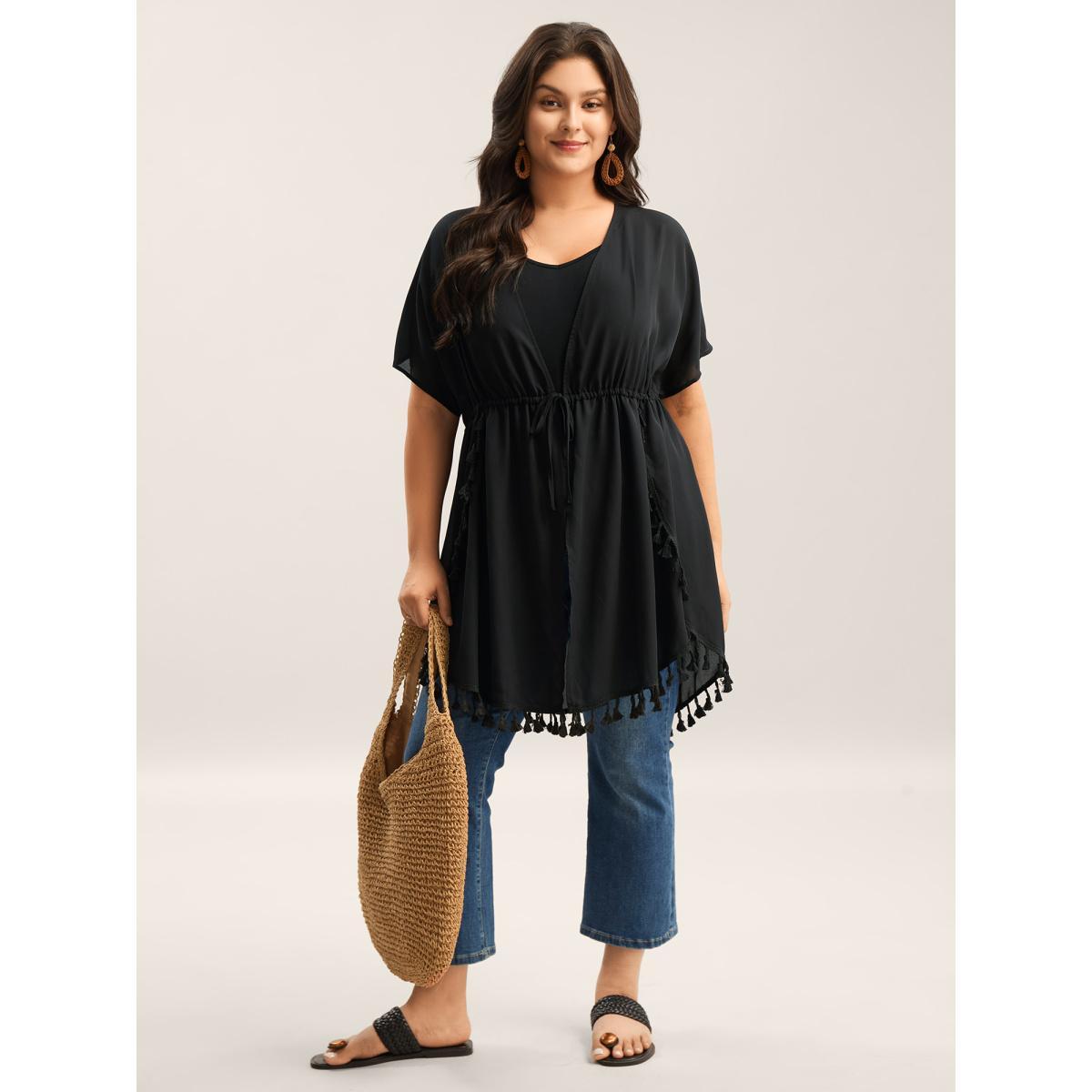 Plus Size Overlap Hem Waist-Tie Sheer Kimono Women Black Overlapping Vacation Kimonos BloomChic 26/4X Product Image