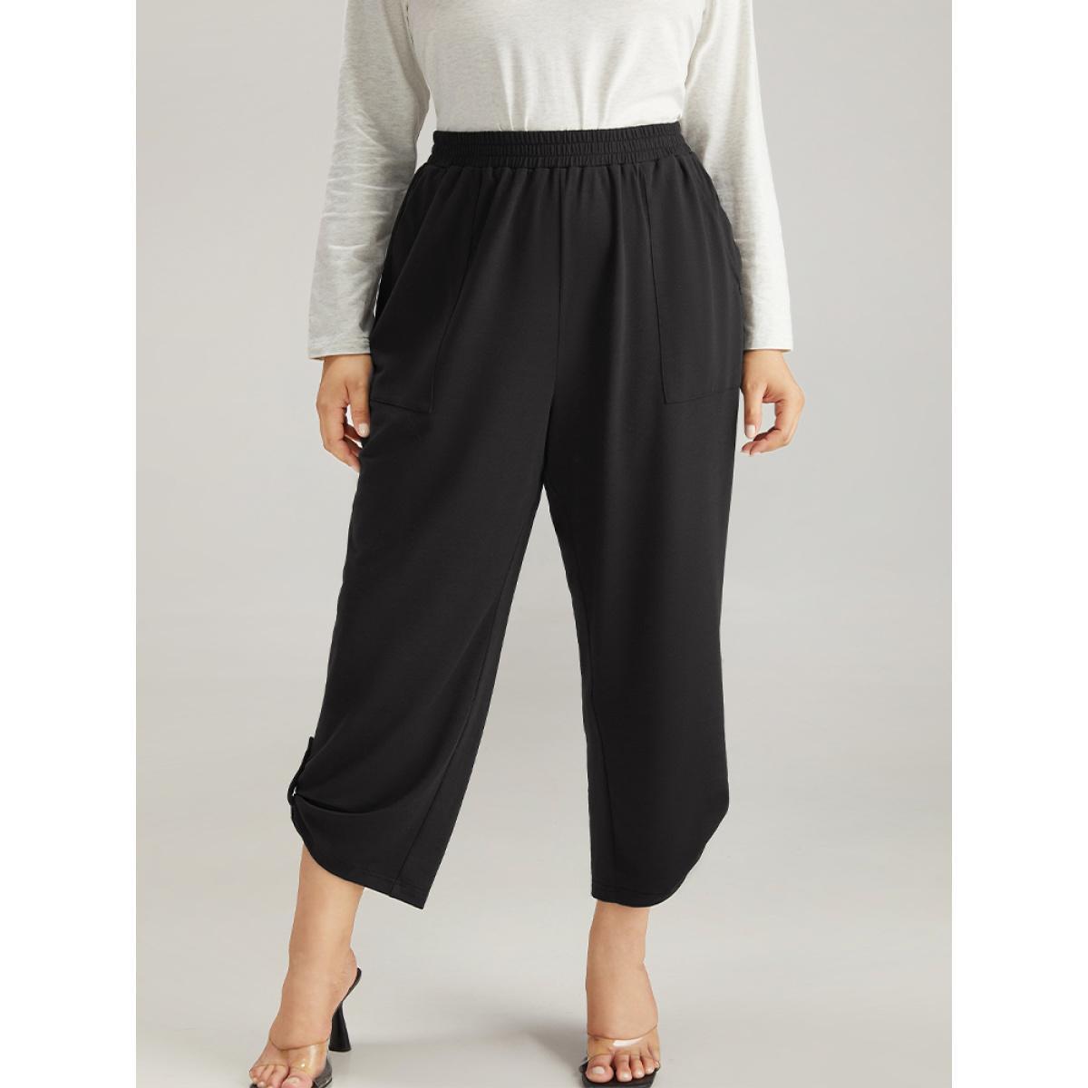Plain Elastic Waist Button Detail Sweatpant Black Plus Size Women Casual Dailywear Plain 26/4X Bloomchic Product Image