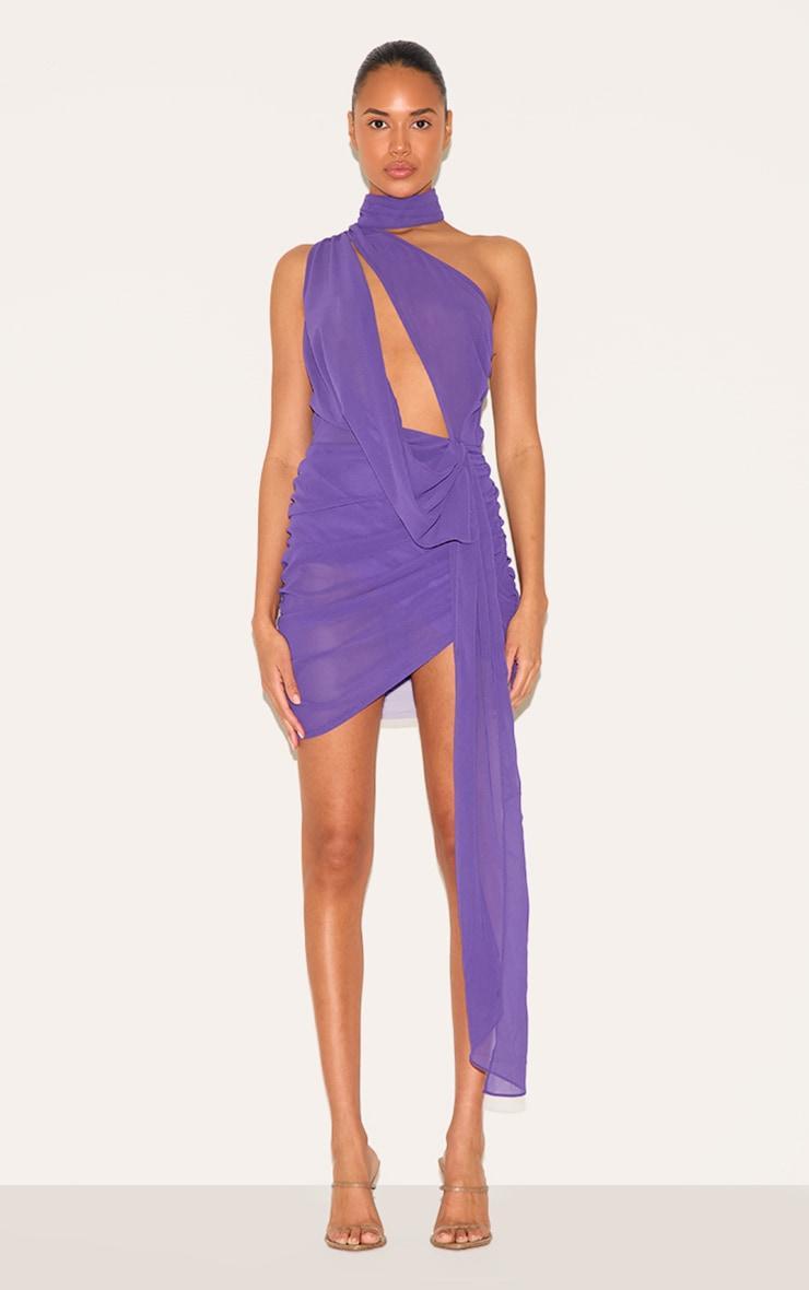Purple Sheer Chiffon Ruched Detail Asymmetric Drape Bodycon Dress Product Image