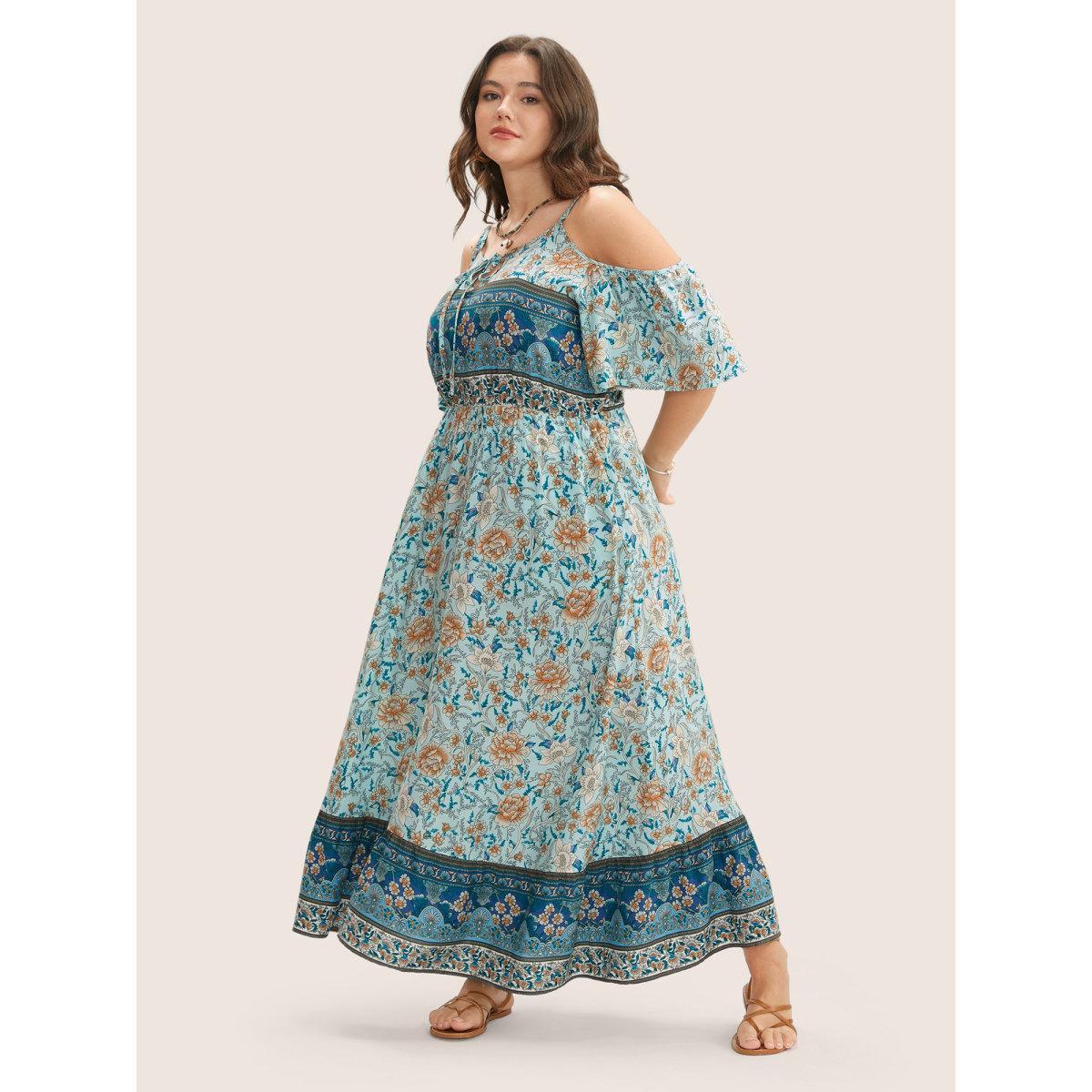 Plus Size Floral Print Pocket Keyhole Ruffles Cold Shoulder Maxi Dress Emerald Women Resort Non Non Half Sleeve Curvy Long Dress BloomChic 26/4X Product Image