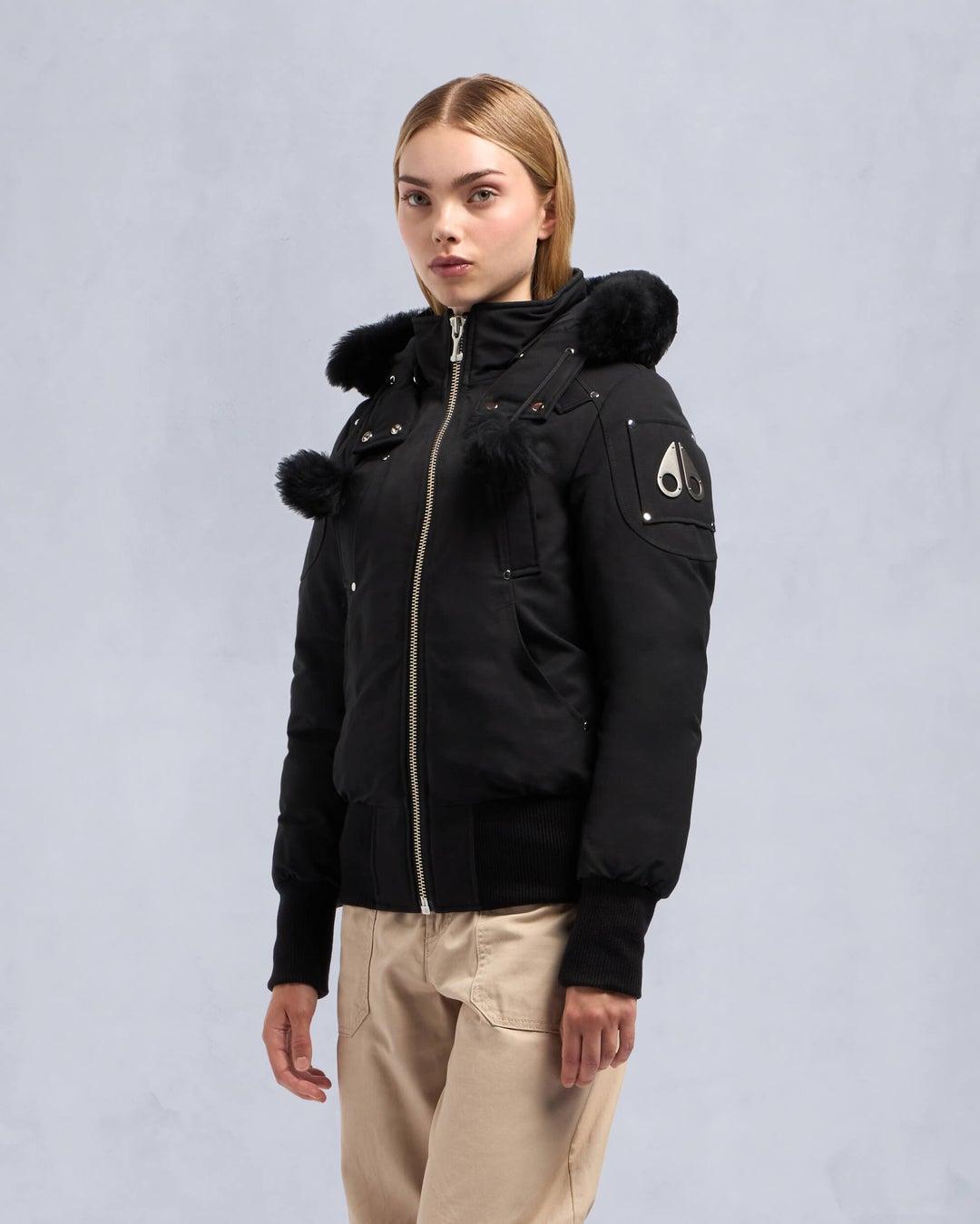 Moose Knuckles Womens Debbie Bomber in Black with Black Shearling Product Image