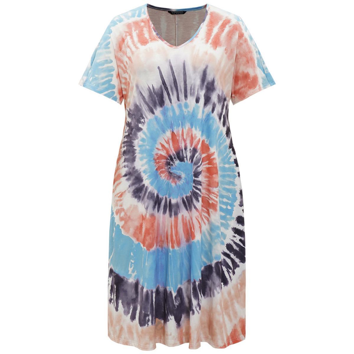 Plus Size Tie Dye Pocket Split Side Dolman Sleeve Dress Multicolor Women Casual Tie Dye V-neck Short sleeve Curvy Midi Dress BloomChic 12/L Product Image