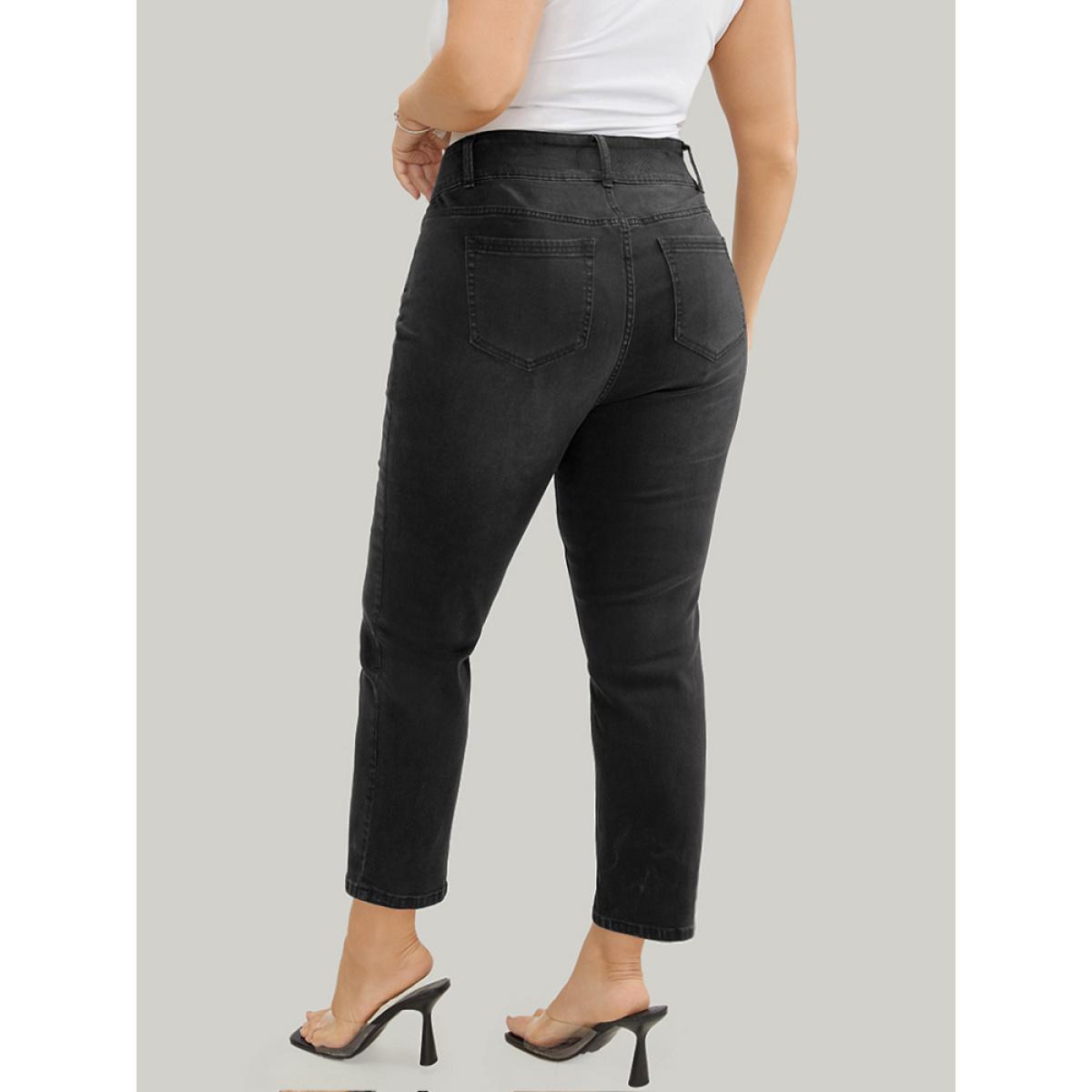 Plus Size Straight Leg Very Stretchy High Rise Dark Wash Jeans Women Gray Casual Plain High stretch Pocket Jeans BloomChic 12/L Product Image