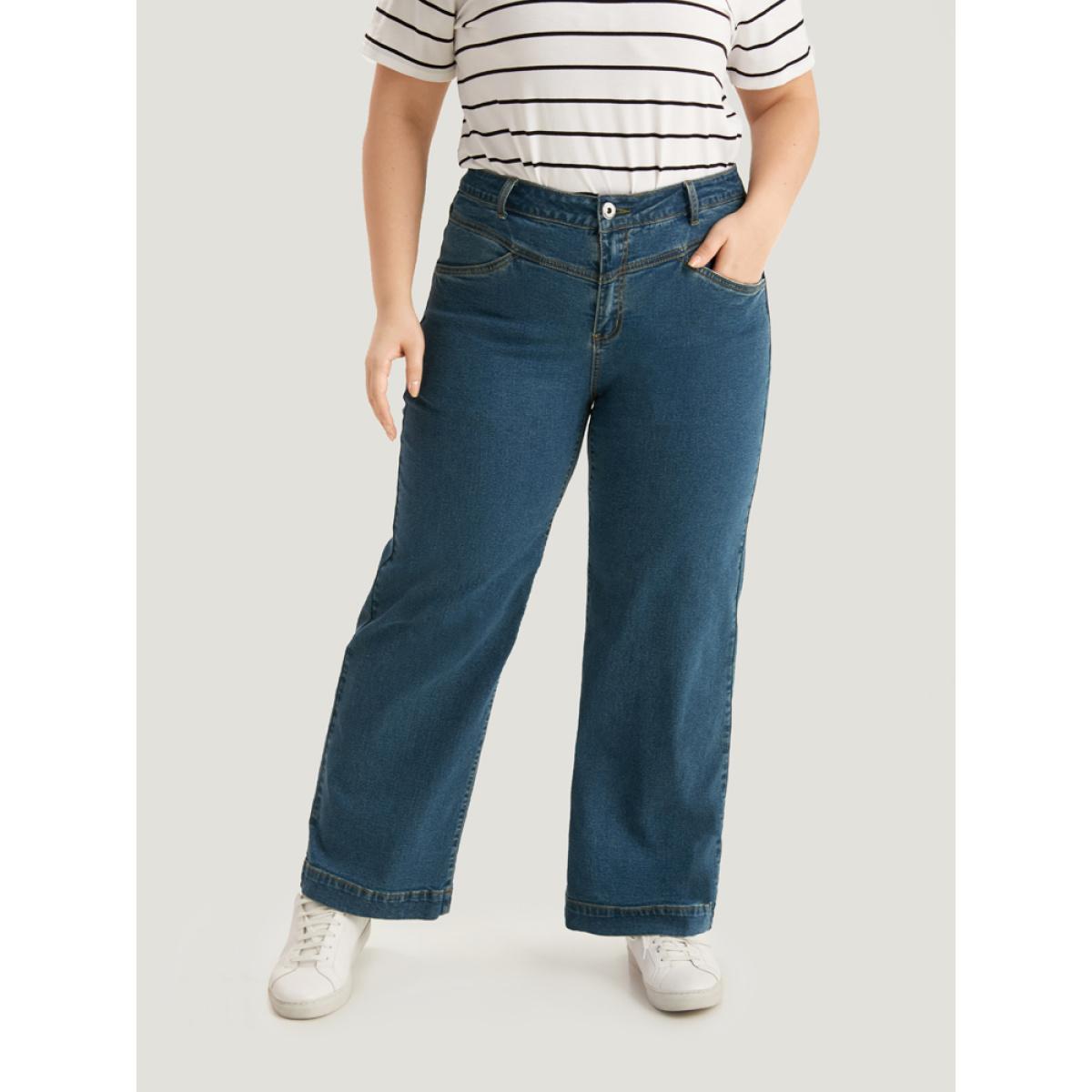 Plus Size Solid Patchwork Wide Leg Medium Wash Jeans Women Cerulean Casual Plain Plain High stretch Pocket Jeans BloomChic 10/M Product Image