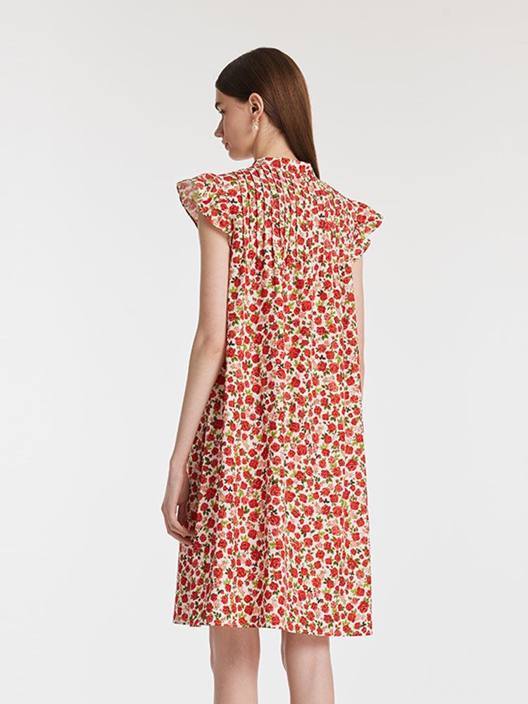 Rose Print Ruffle Sleeves Mandarin Collared Women Mini Dress Product Image