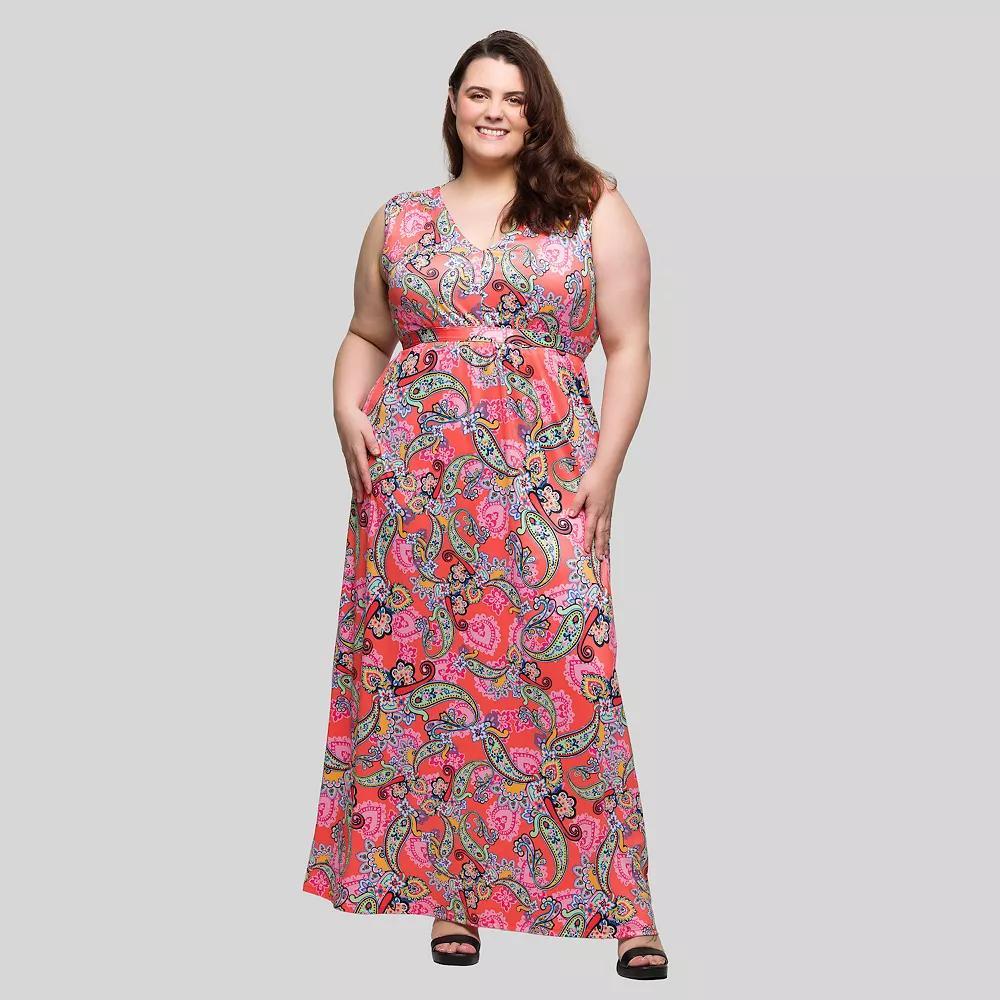 Plus Size 24Seven Comfort Apparel V-Neck Empire Waist Sleeveless Maxi Dress, Women's, Size: 2XL, Pink Team Product Image