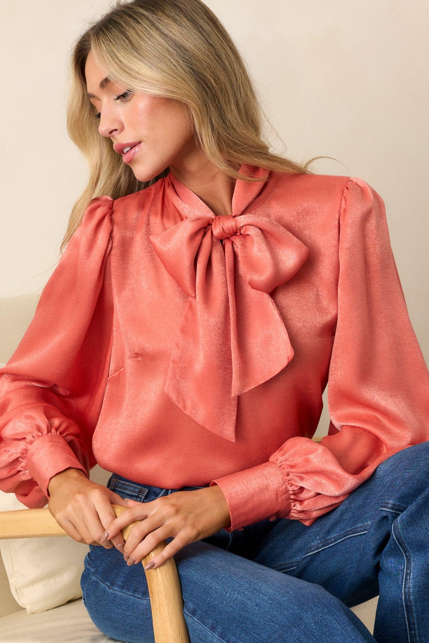 I'm In Charge Pink Coral Tie Neck Top Product Image