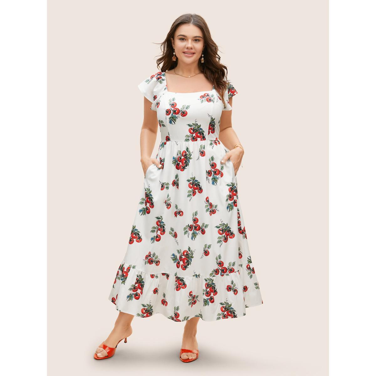 Plus Size Tomato Print Square Neck Ruffle Cap Sleeve Dress Originalwhite Women Elegant Ruffles Square Neck Cap Sleeve Curvy BloomChic 28/5X Product Image