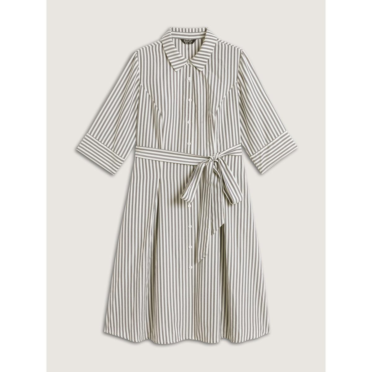 Plus Size Striped Waist Belt Midi Shirt Dress Indigo Women Belted Shirt collar Elbow-length sleeve Curvy BloomChic 18-20/2X Product Image