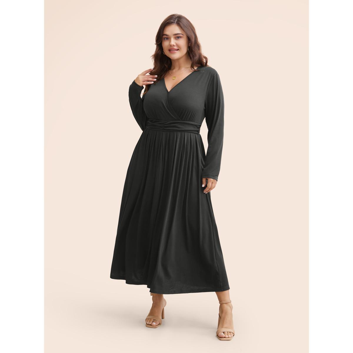 Plus Size Supersoft Essentials Ruched Wrap Pleated Hem Dress DimGray Women Casual Non Overlap Collar Long Sleeve Curvy Midi Dress BloomChic 18-20/2X Product Image
