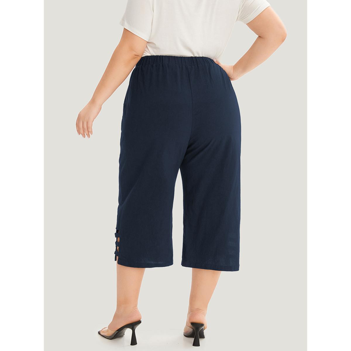 Plus Size Solid Cut Out Pocket Loose Cropped Pants Women Indigo Elegant Straight Leg High Rise Dailywear Pants BloomChic 22-24/3X Product Image