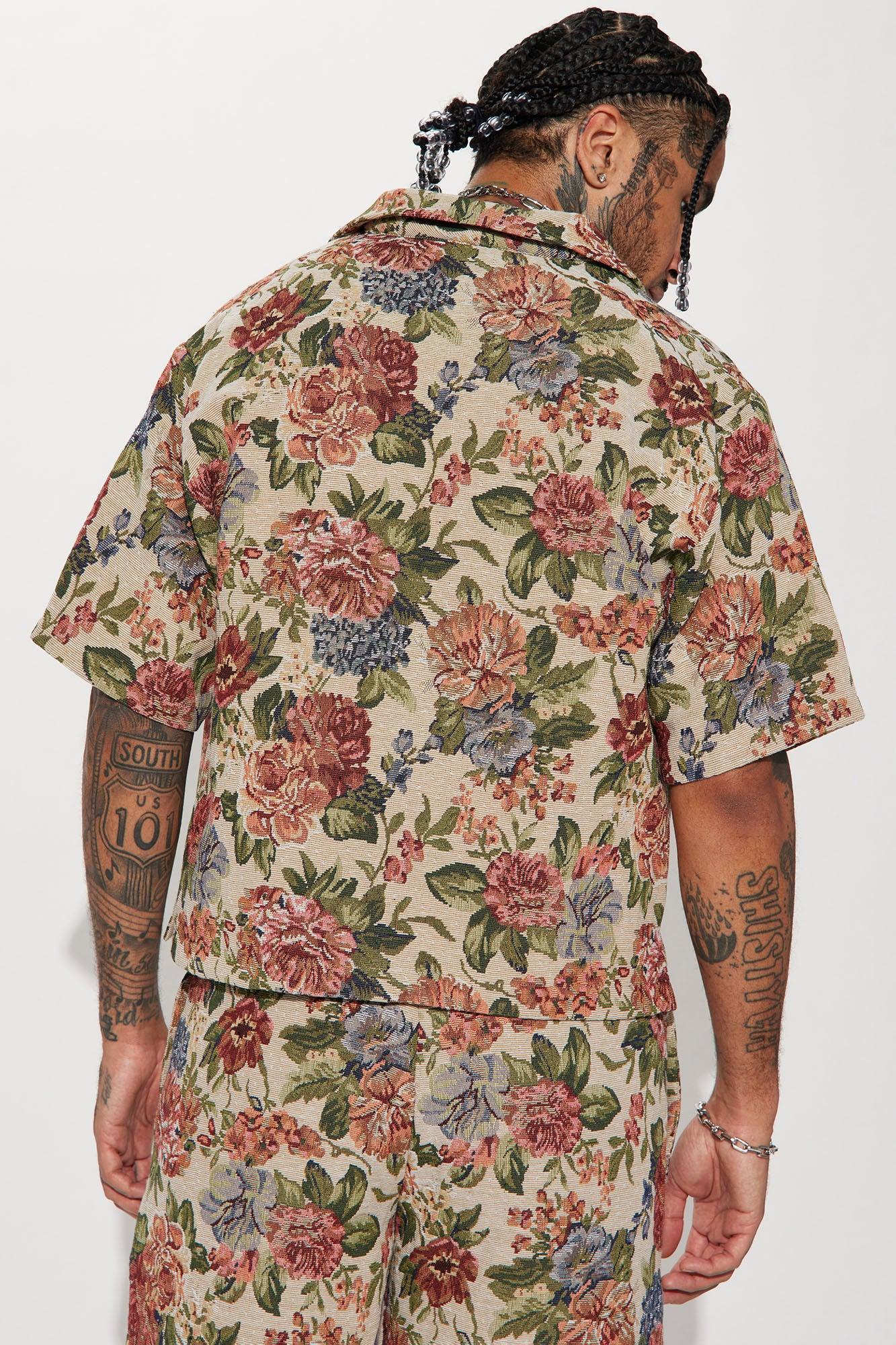 Flowers Blooming Cropped Tapestry Short Sleeve Button Up Shirt - Multi Color Product Image