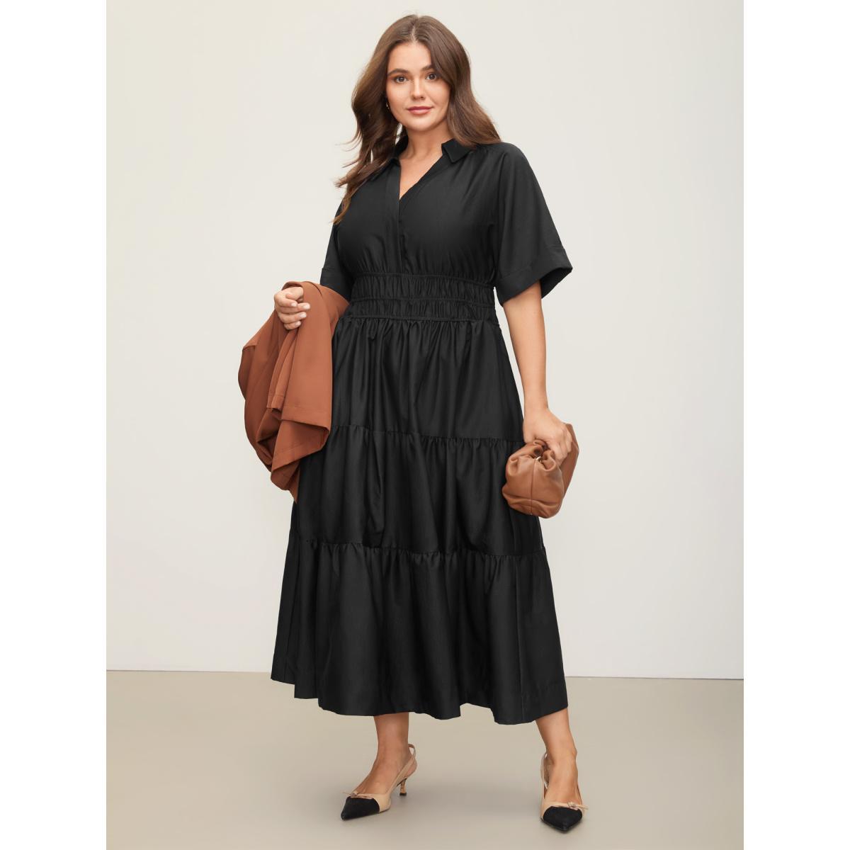 Plus Size Midfield Tiered Midi Shirt Dress Black Women At the Office Gathered Shirt collar Short sleeve Curvy BloomChic 26/4X Product Image